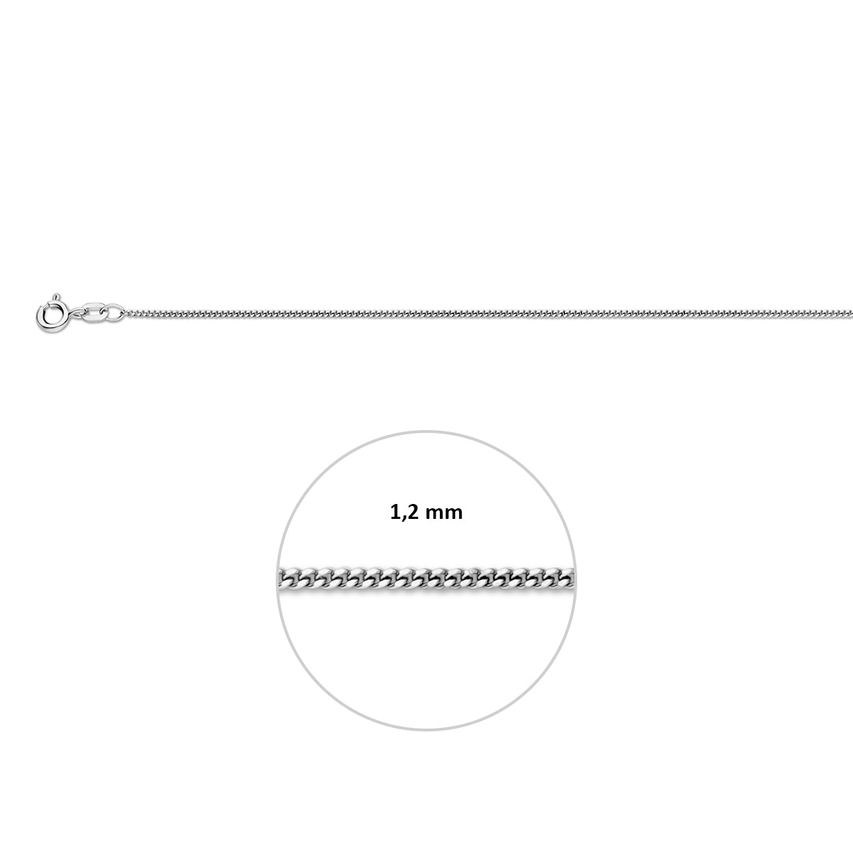 Gourmette halsketting zilver 1.2 mm inclusief sluiting en aanduiding schakelbreedte.