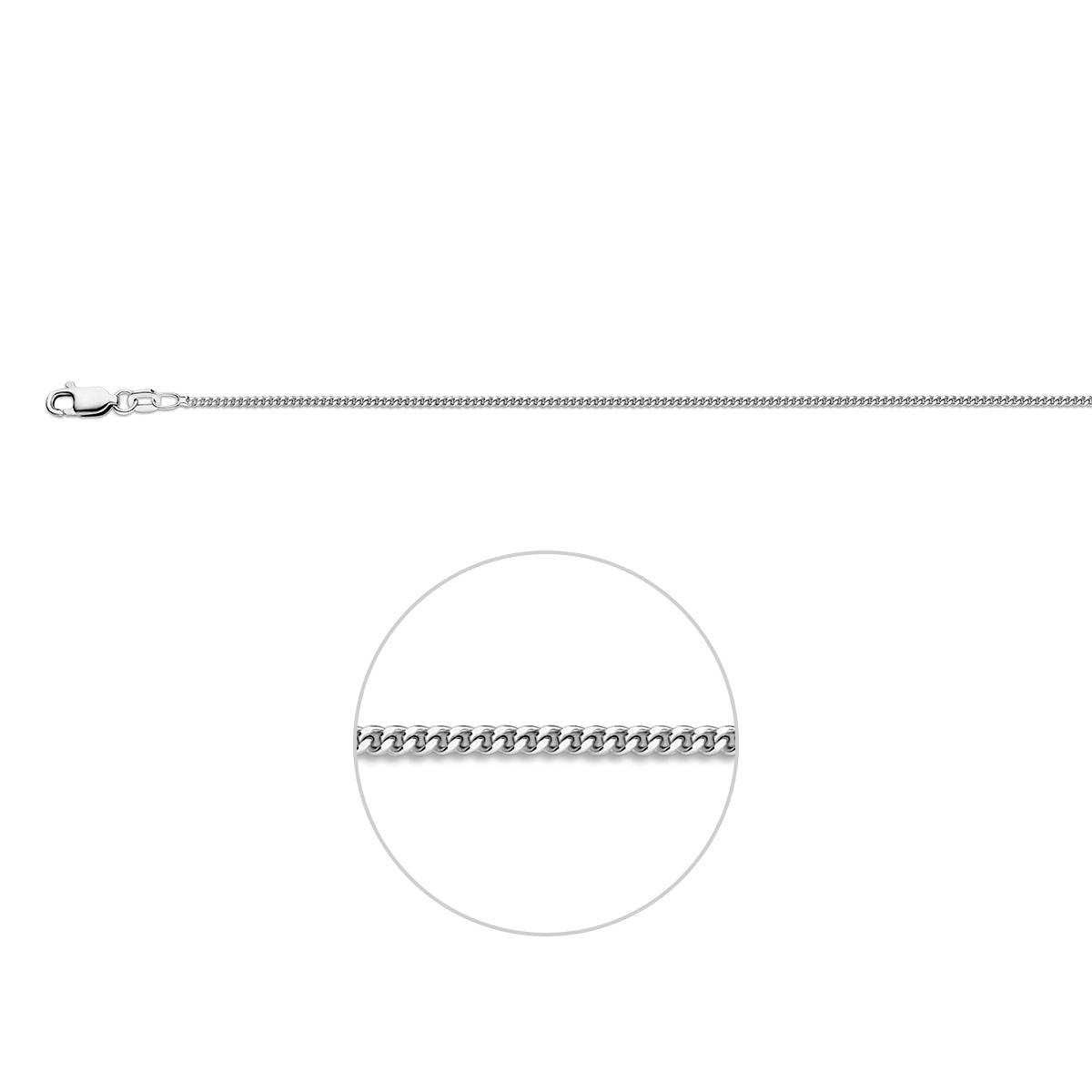 Zilveren gourmette ketting 1.4 mm Nila vooraanzicht met zichtbare sluiting.