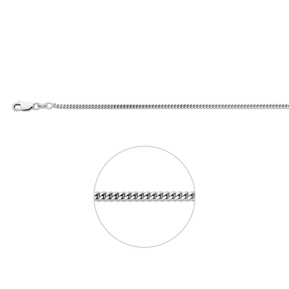 Zilveren gourmette ketting 2.1 mm Nila vooraanzicht met zichtbare sluiting.