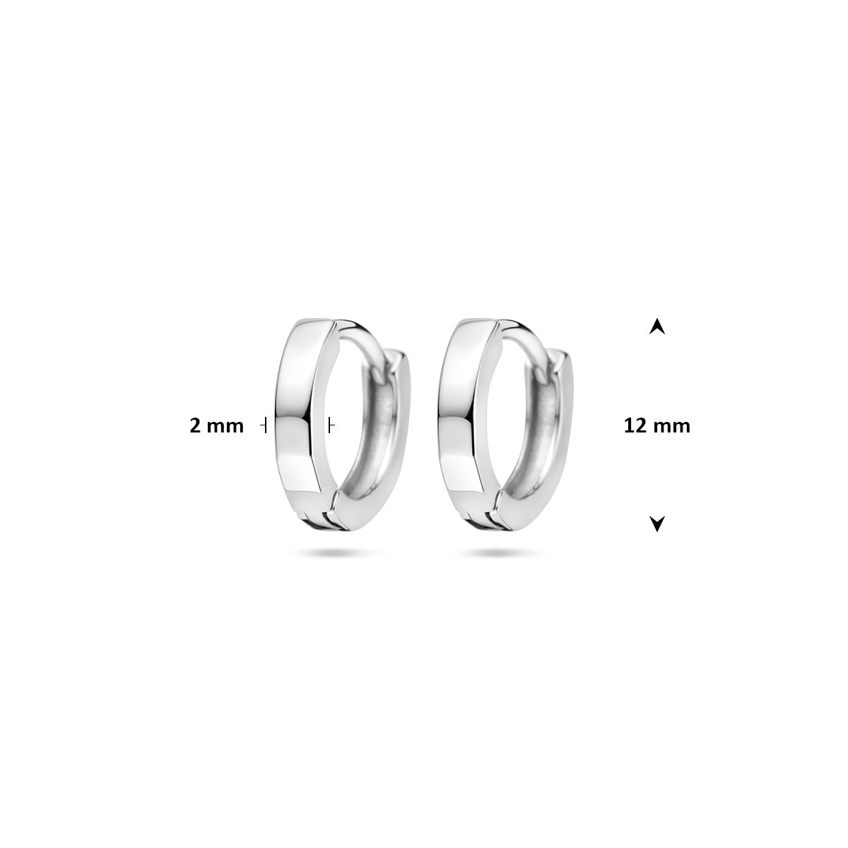 Productfoto van de 'Niva' zilveren klapoorringen met de exacte diameter van 12 mm.