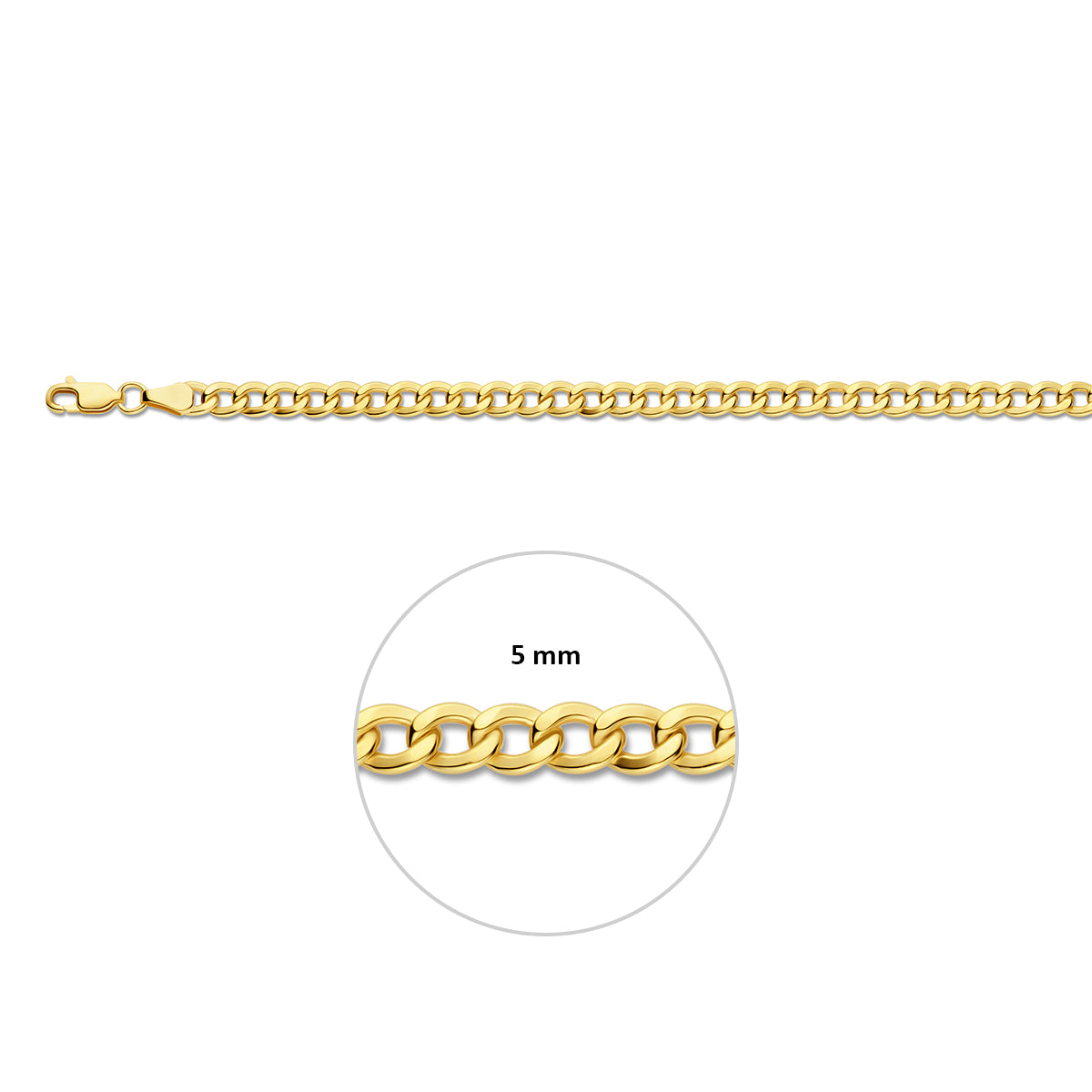 Silgold 4-zijdig geslepen gourmette armband, met de schakelbreedte van 5,0 mm aangegeven