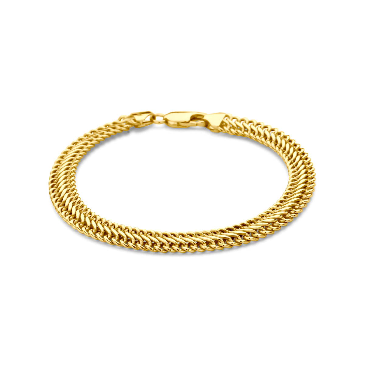 Vooraanzicht van de Silgold armband met dubbel gourmette, 18,5 cm lang en 6,5 mm breed.