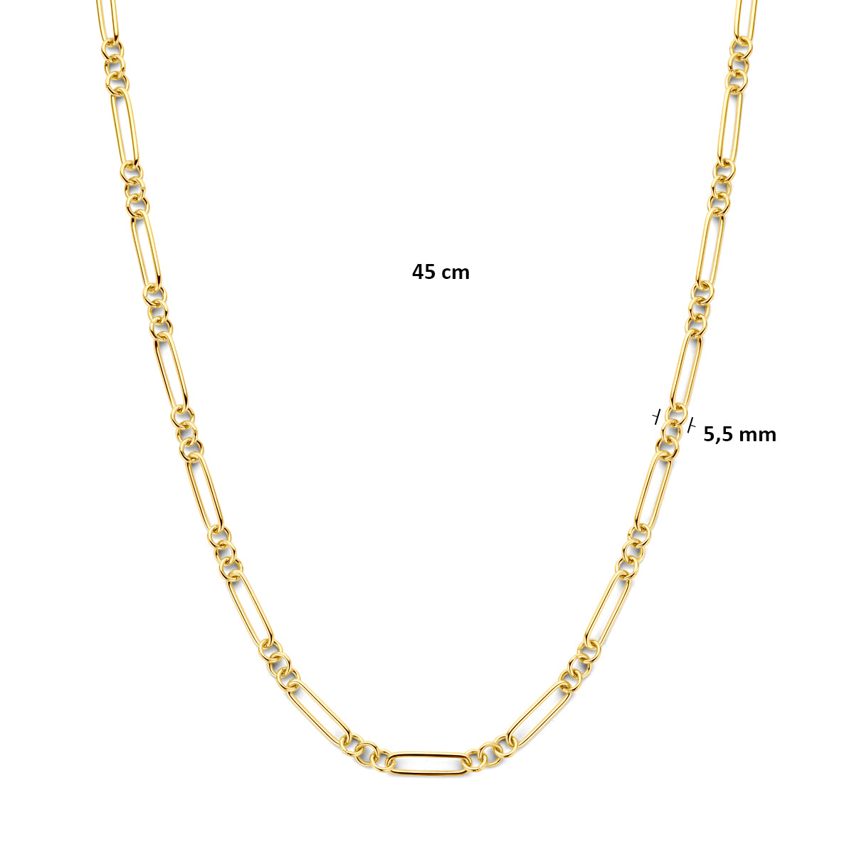 Technische afbeelding van de Silgold figaroankerketting met afmetingen, 5,5 mm breed, 45 cm lang.