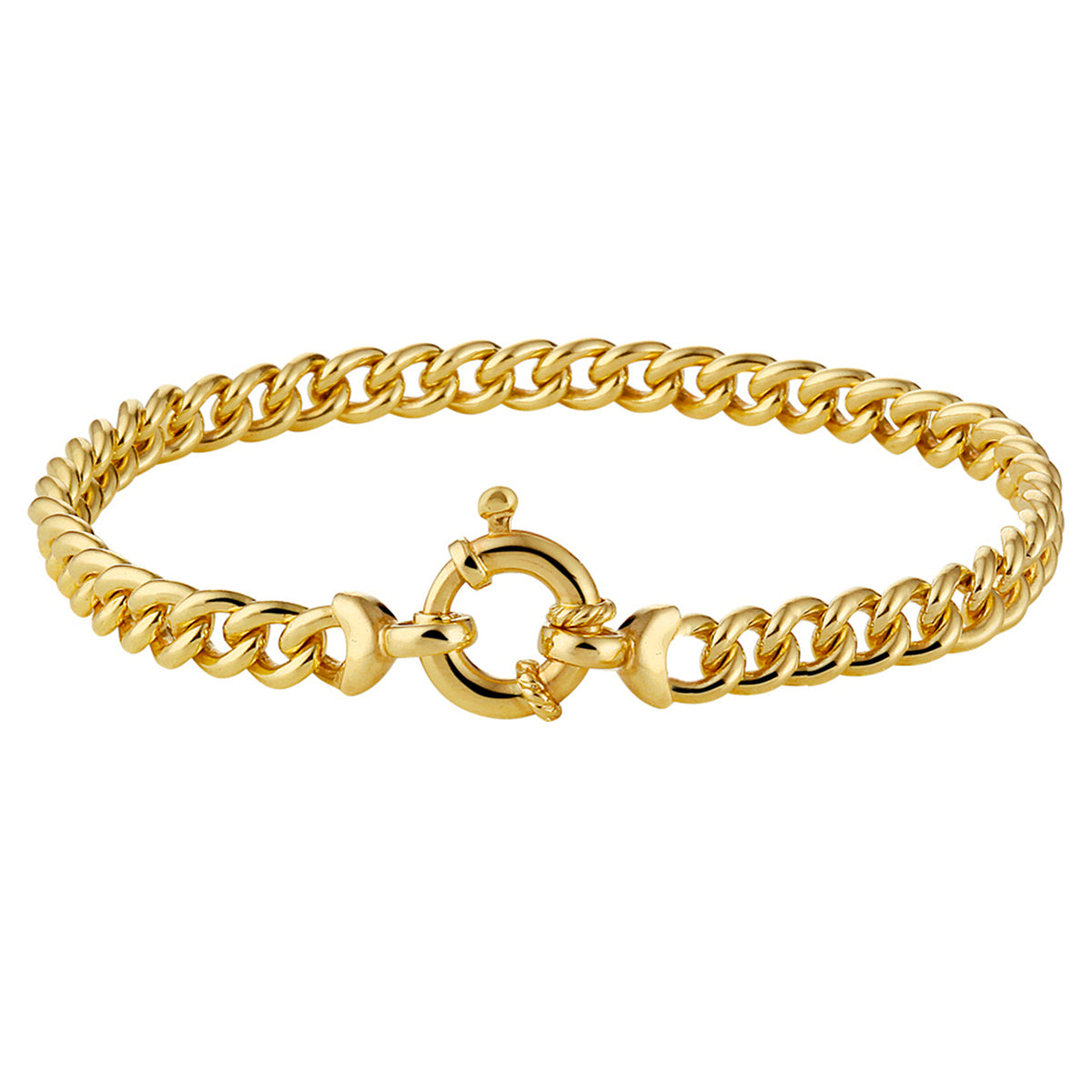 Vooraanzicht van de 14k Silgold 'Essenzo' gourmette armband met een breedte van 5.5 mm.