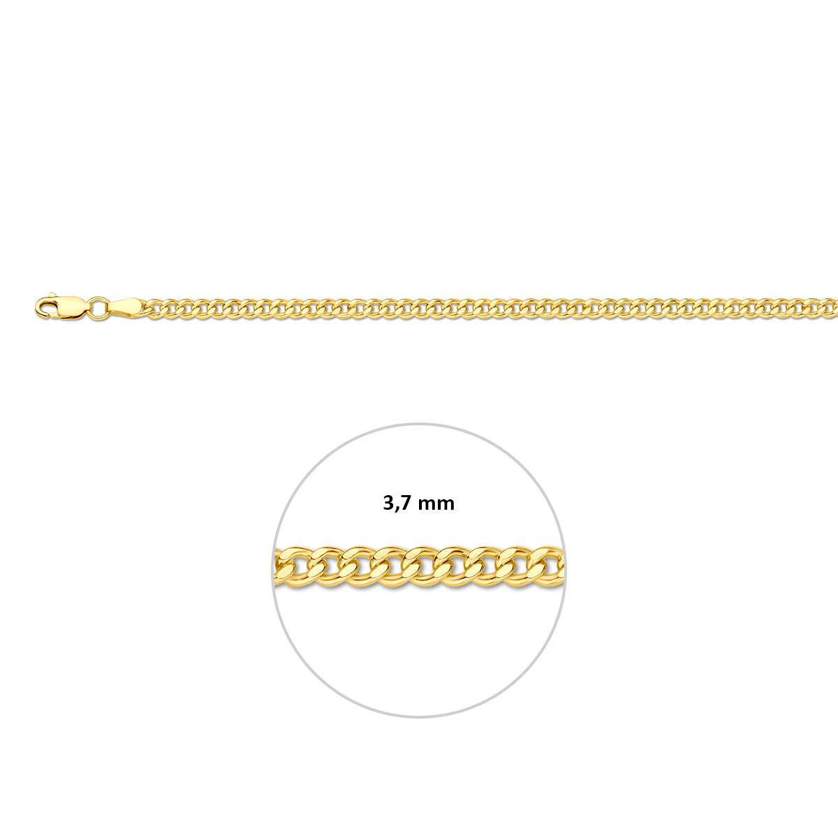 Silgold massieve gourmette halsketting, met de schakelbreedte van 3,7 mm aangegeven