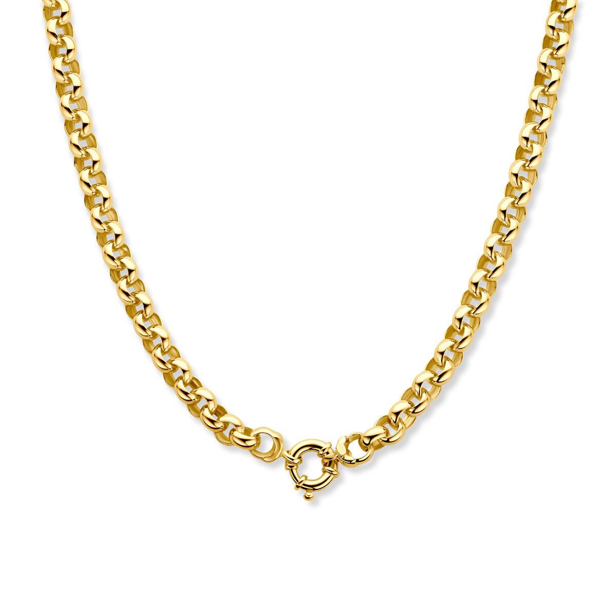 Vooraanzicht van de Silgold halsketting met jasseronschakel, 8 mm breed met een veerslot.