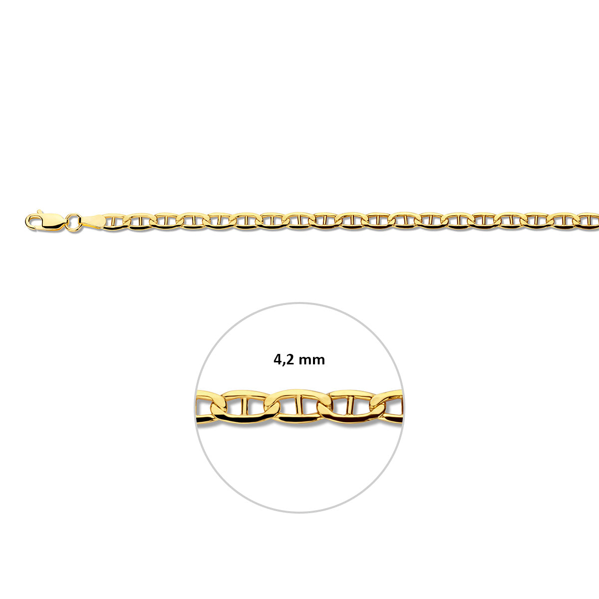 Silgold massieve anker halsketting, met de schakelbreedte van 4,2 mm aangegeven