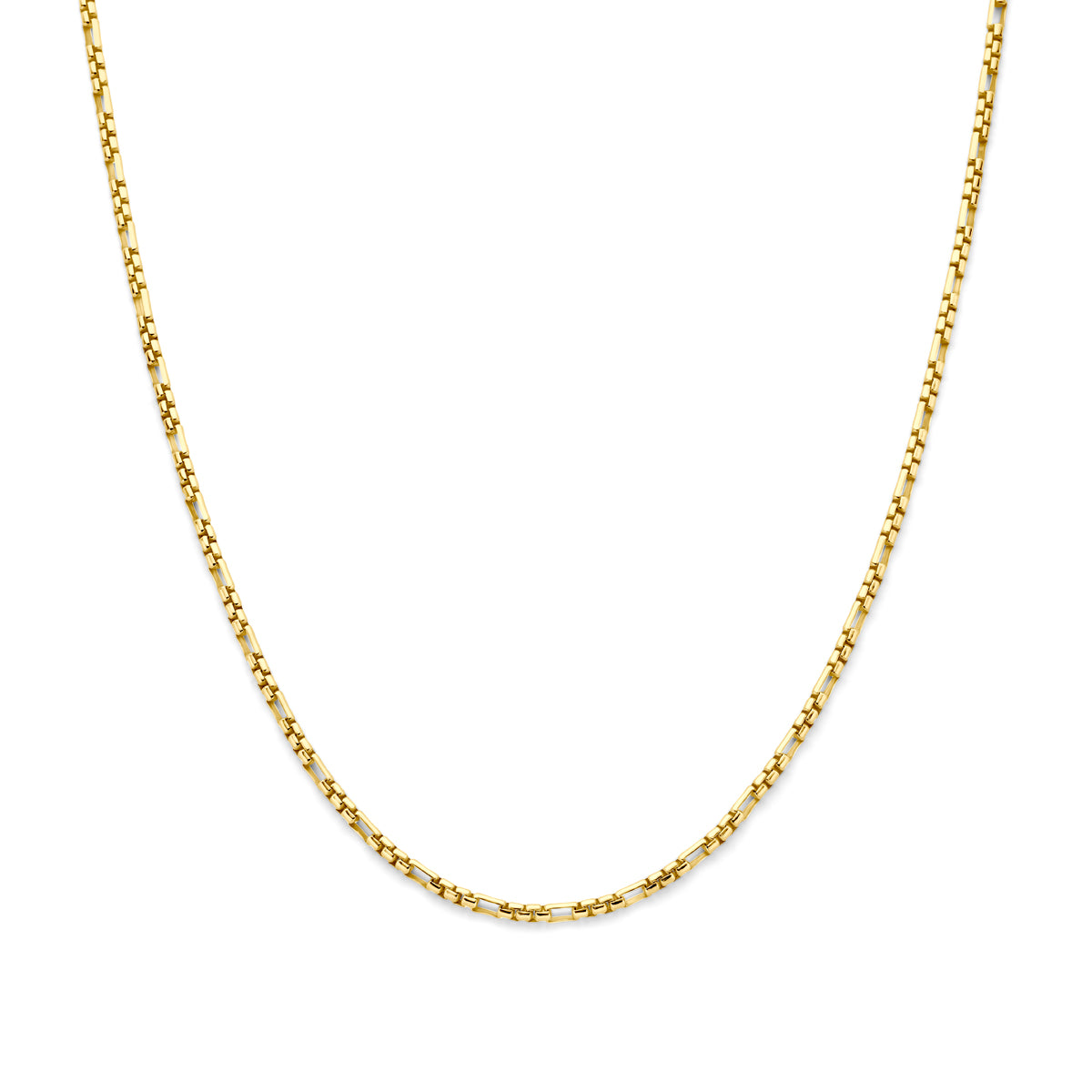 Vooraanzicht van het 14k Silgold 'Ritmo' schakelcollier met geometrische schakels.