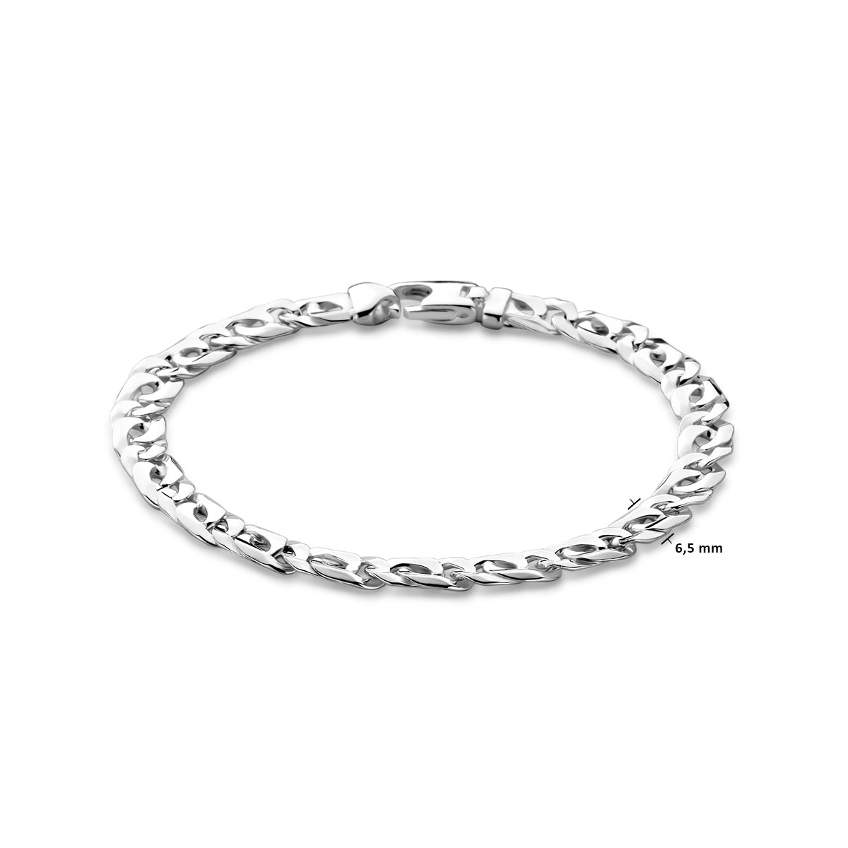 Close-up van de gepolijste fantasie schakels van de Vico armband met heldere zilveren glans.