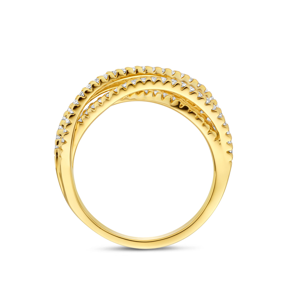 Zijaanzicht van de 'Vyne' 14k gouden ring, toont de hoogte en de open structuur van het ontwerp.