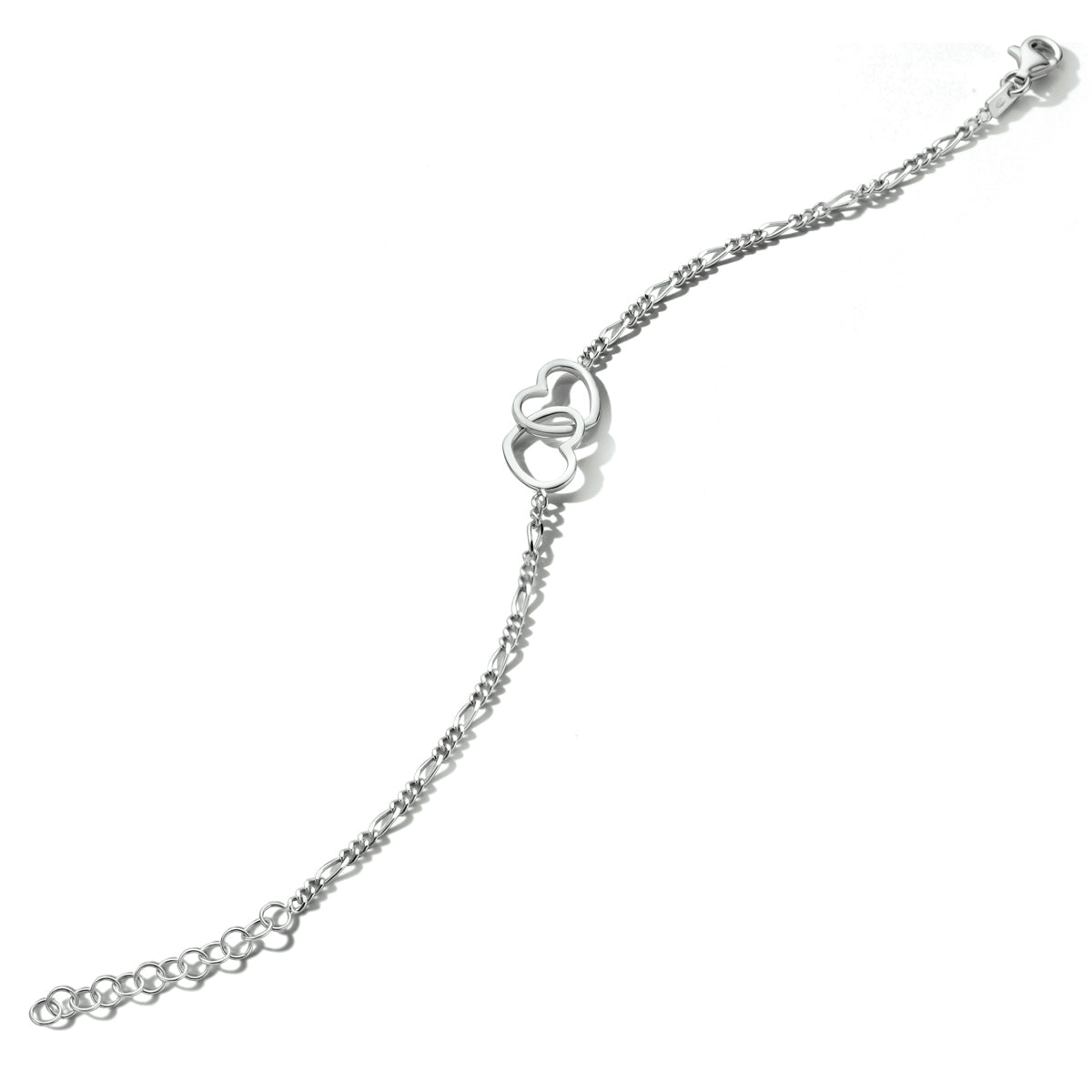 De 'Mila' zilveren armband met twee verstrengelde hartjes en figaro schakel.