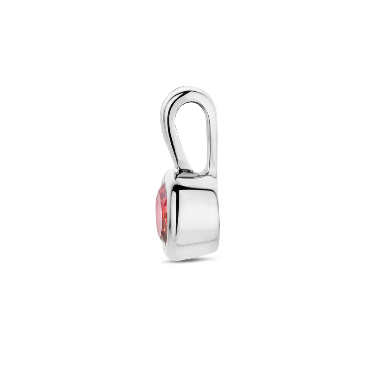 Zijaanzicht van de zilveren hanger met roze Toermalijn die de zetting toont.