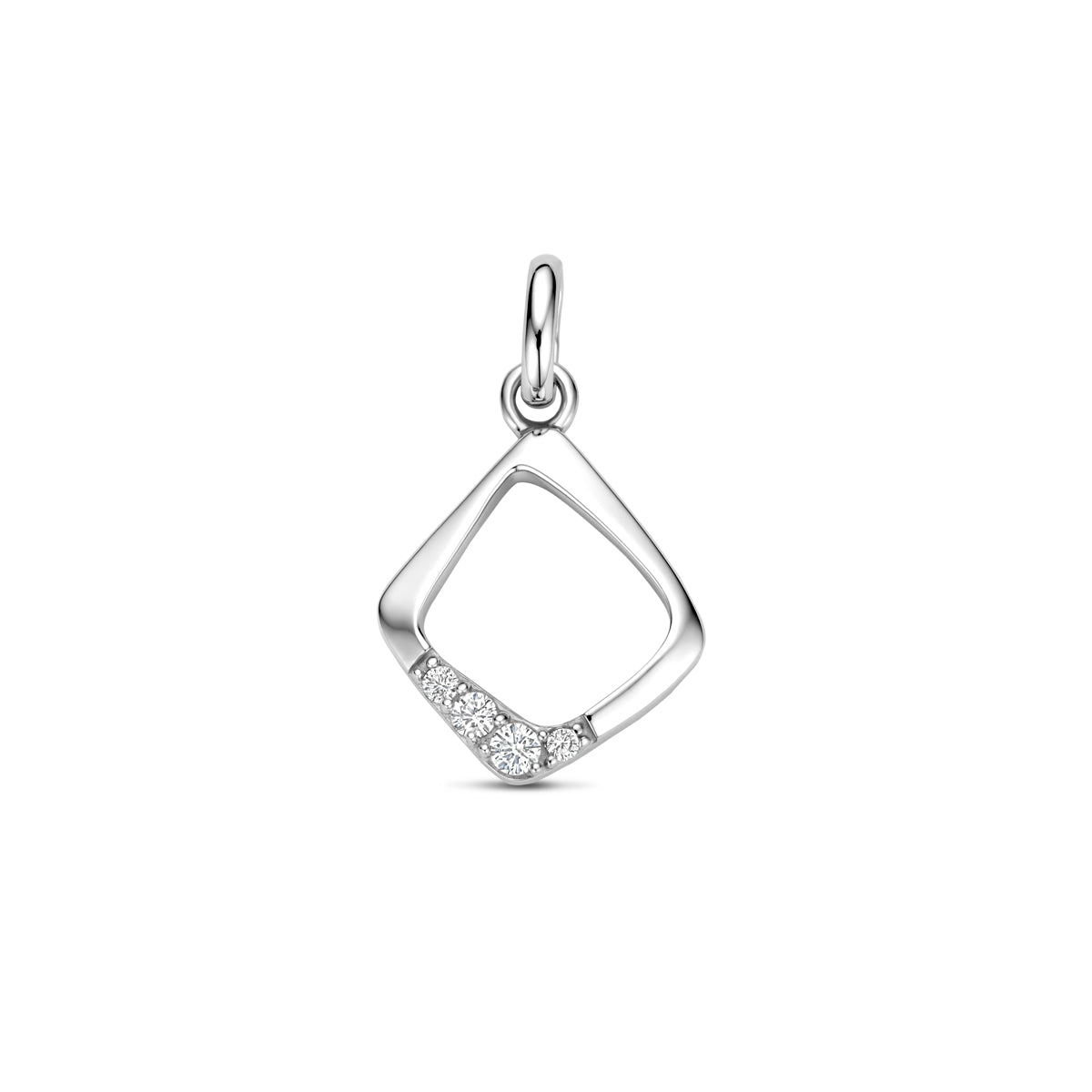 Vooraanzicht van de zilveren 'Carreau' hanger in een afgeronde ruitvorm, bezet met zirkonia.