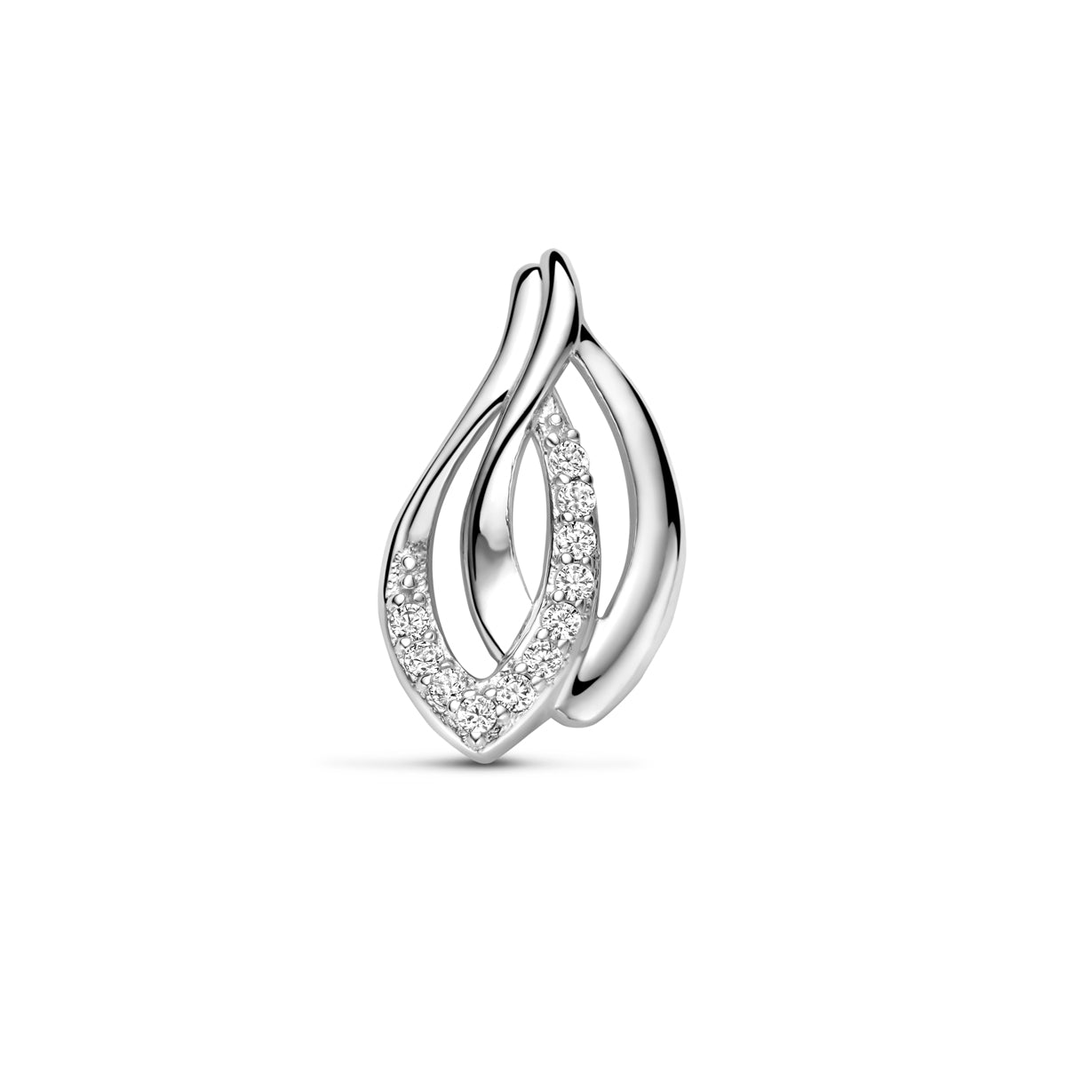 Vooraanzicht van de zilveren 'Fiamma' hanger met een organische, bladvormige contour.