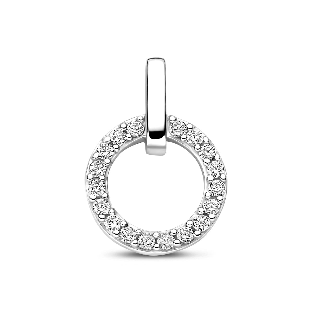 Vooraanzicht van de zilveren 'Halo' hanger in een cirkelvorm, bezet met zirkonia.