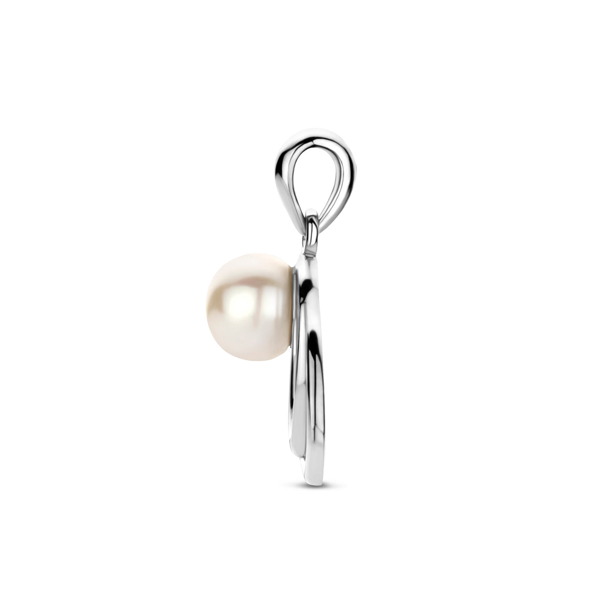 Zijaanzicht van de 'Lyra' hanger die de diepte van de overlappende lussen toont.