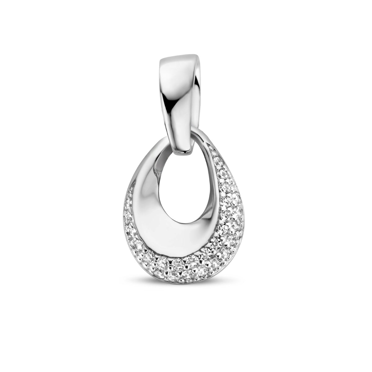 Vooraanzicht van de zilveren 'Stilla' hanger in een open druppelvorm, bezet met zirkonia.