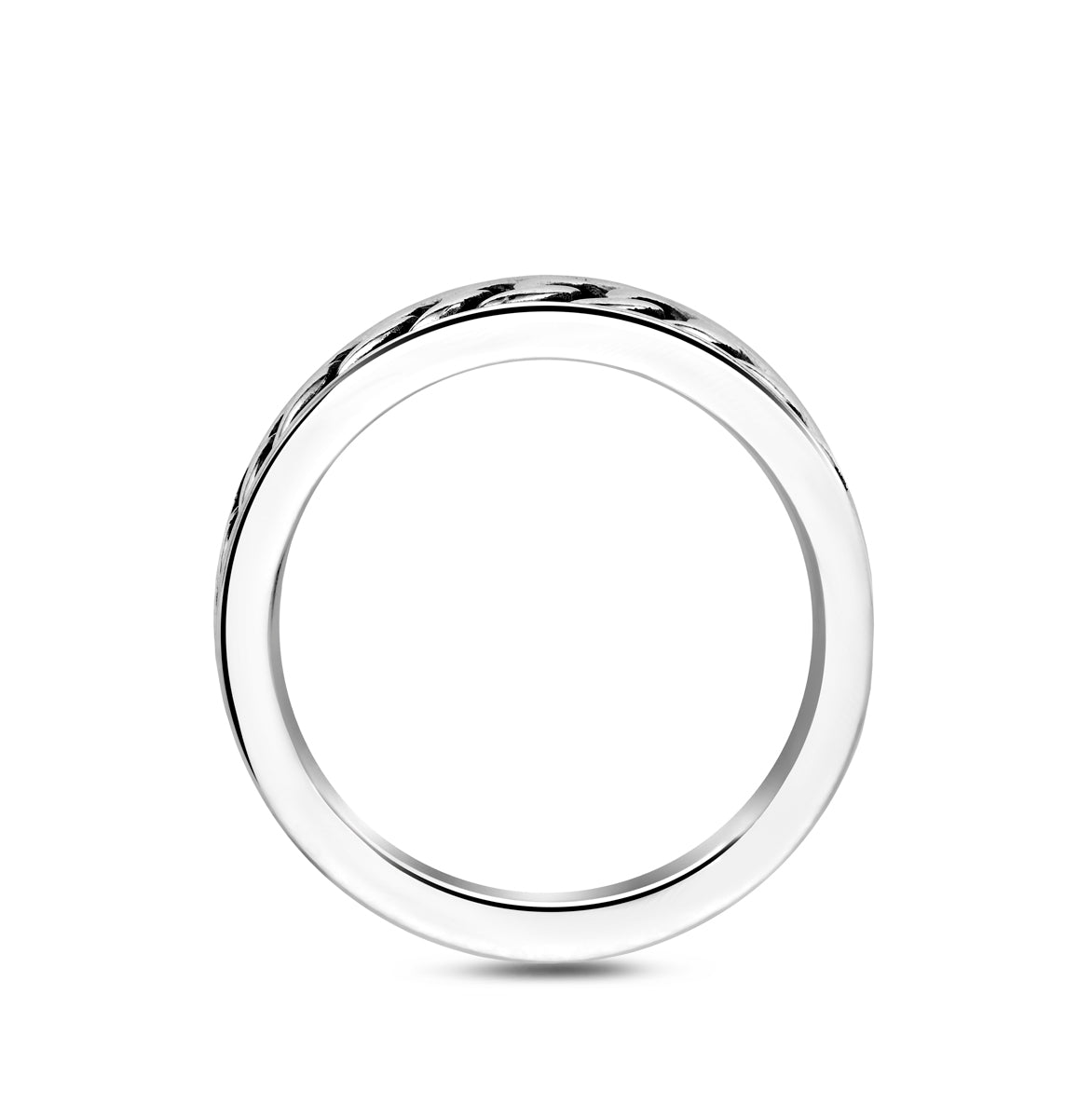 Zijaanzicht van de 'Forge' ring die de diepte van het geoxideerde patroon toont.