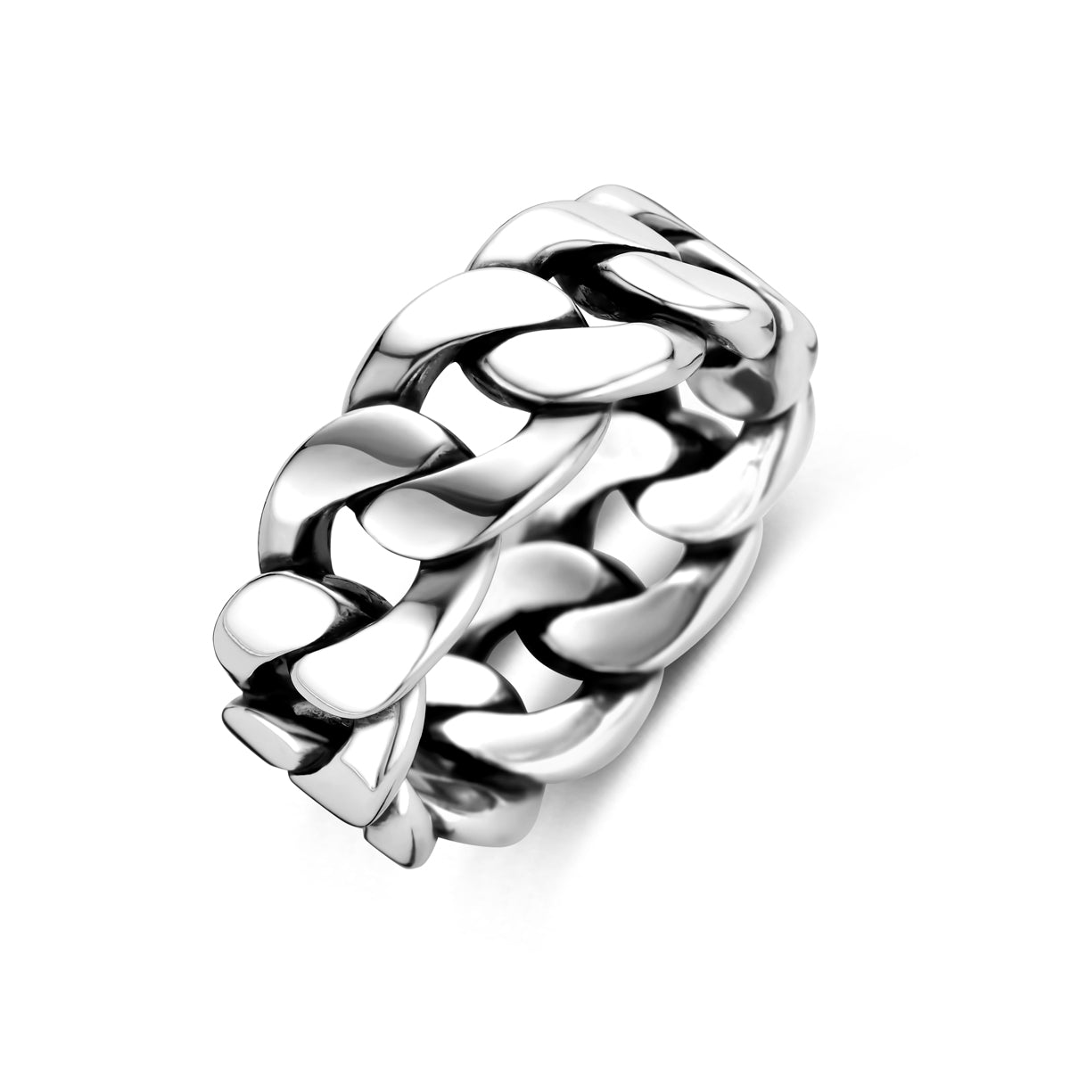 Schuin bovenaanzicht van de geoxideerd zilveren herenring 'Rebel' met gourmette schakels.