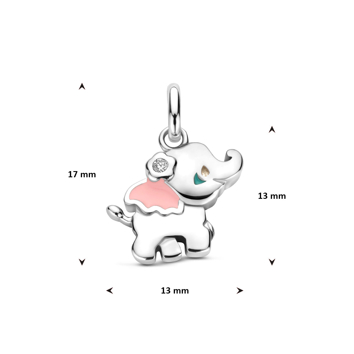 Technische afbeelding van de 'Elly de Olifant' hanger met de afmetingen (17 x 13 mm).