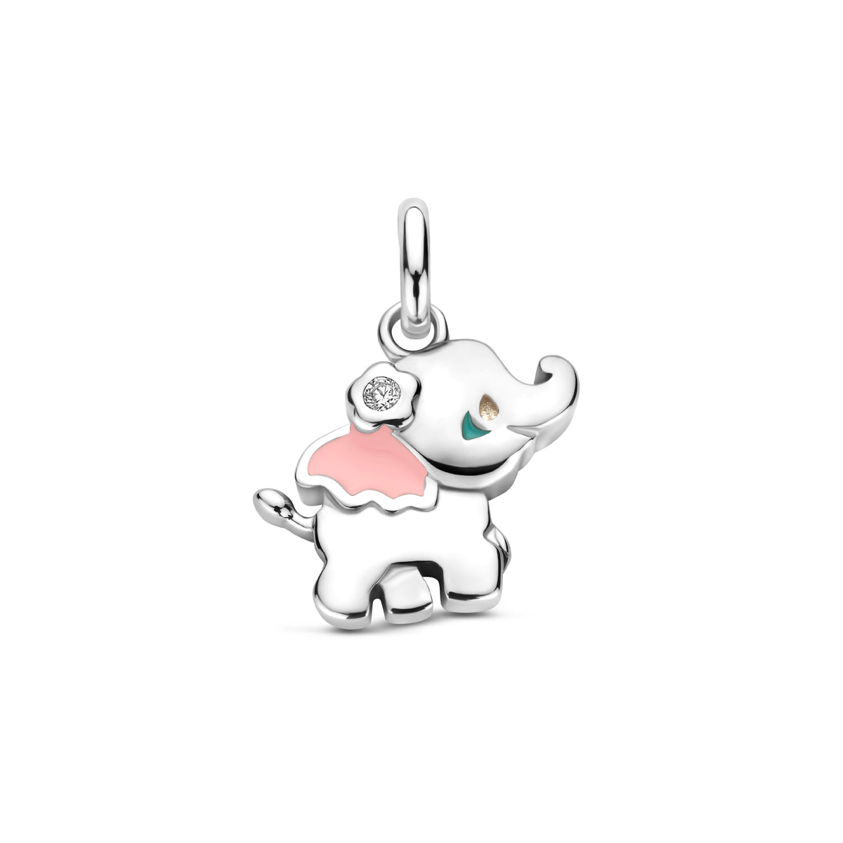 Vooraanzicht van de zilveren kinderhanger 'Elly de Olifant' met roze emaille.