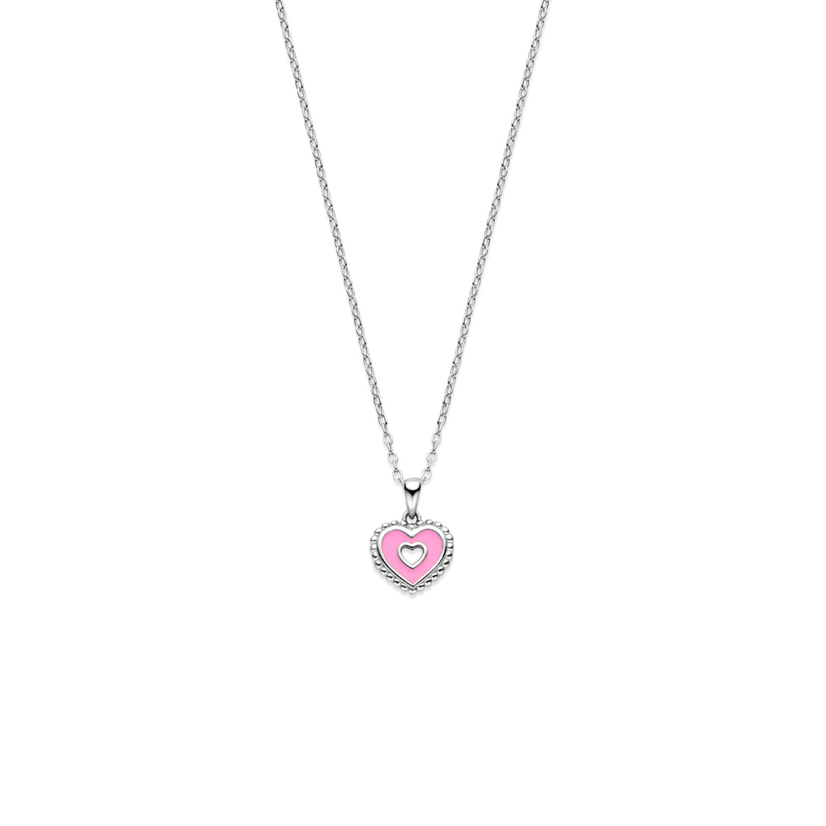 Vooraanzicht van de zilveren kinderketting Rosa met een roze emaille hartjeshanger.