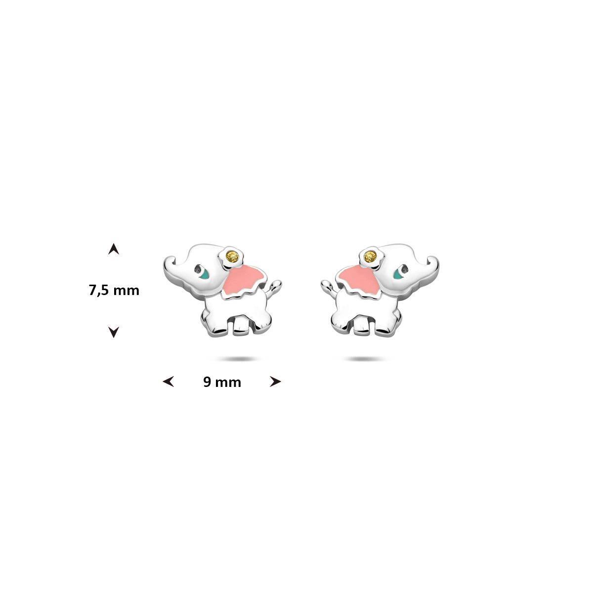 Technische afbeelding van de 'Elly de Olifant' oorknoppen met de afmetingen (7.5 x 9 mm).