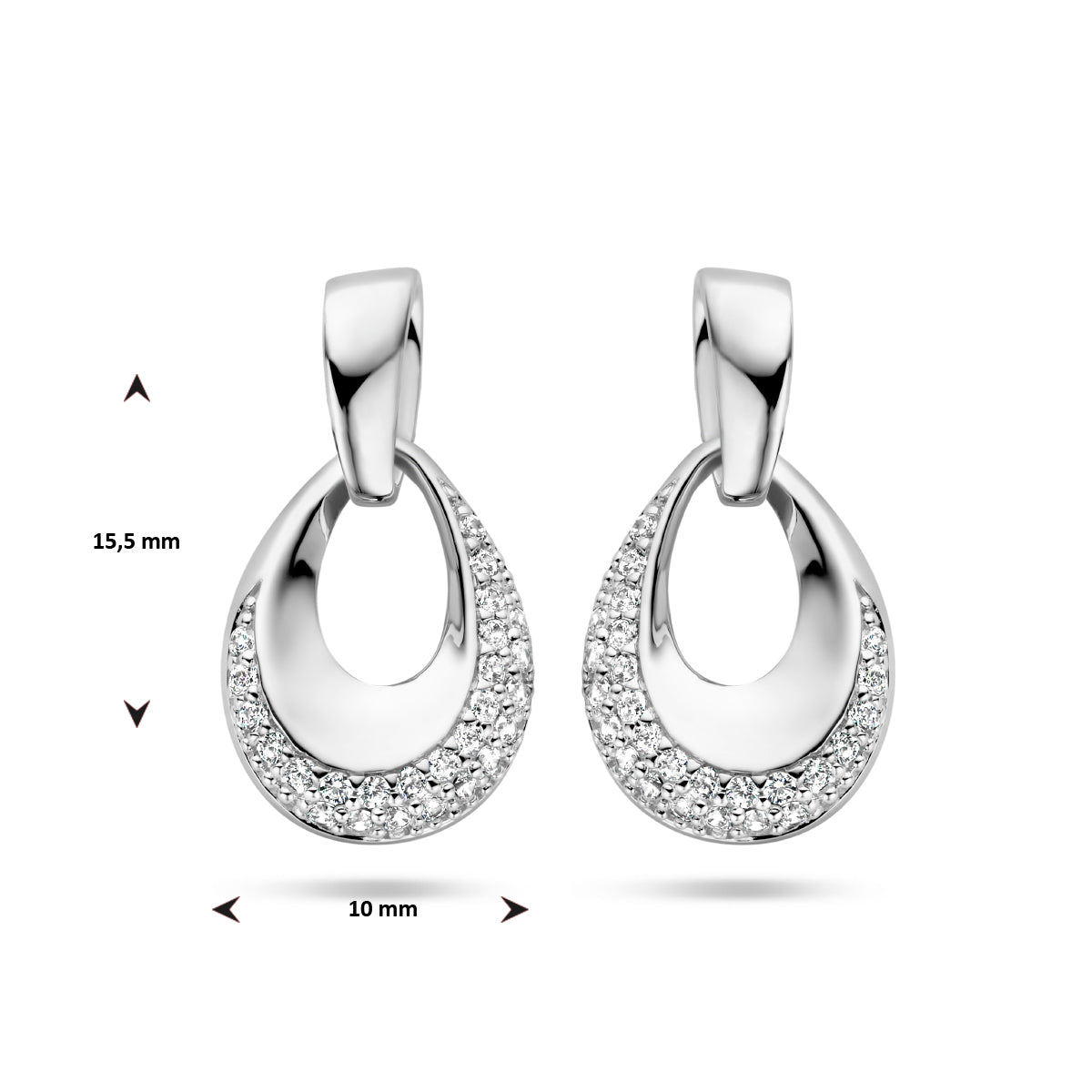 Technische afbeelding van de 'Stilla' oorknoppen met de afmetingen (15.5 x 10 mm).