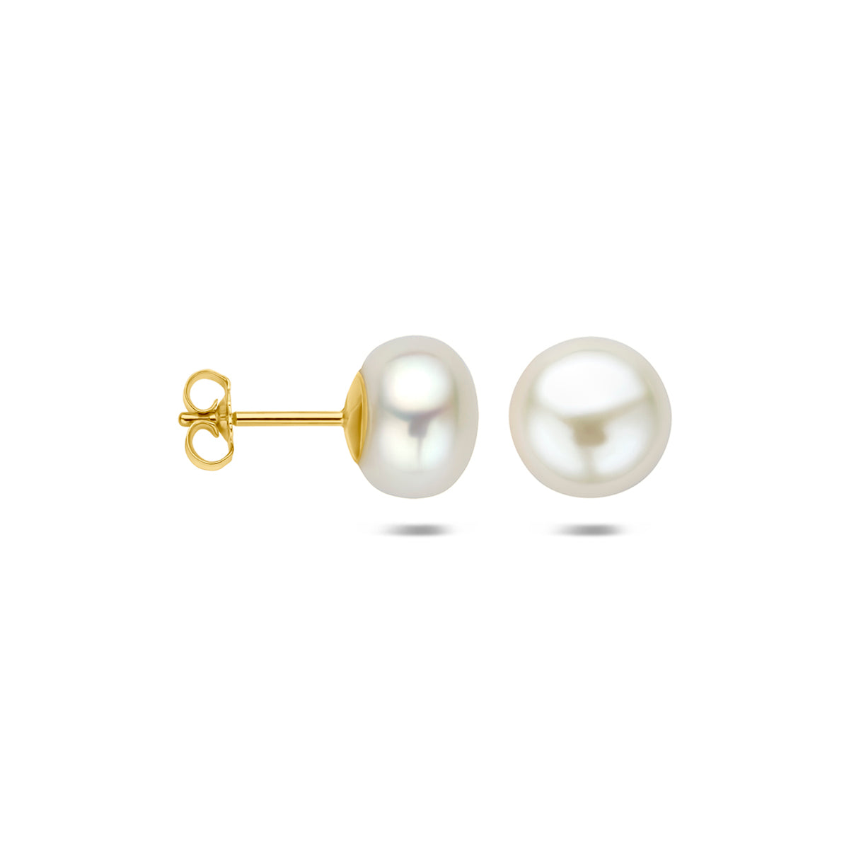 Gecombineerd beeld dat de half-bolle vorm (vlakke achterkant) van de grote parel en de stevige gouden steker toont.