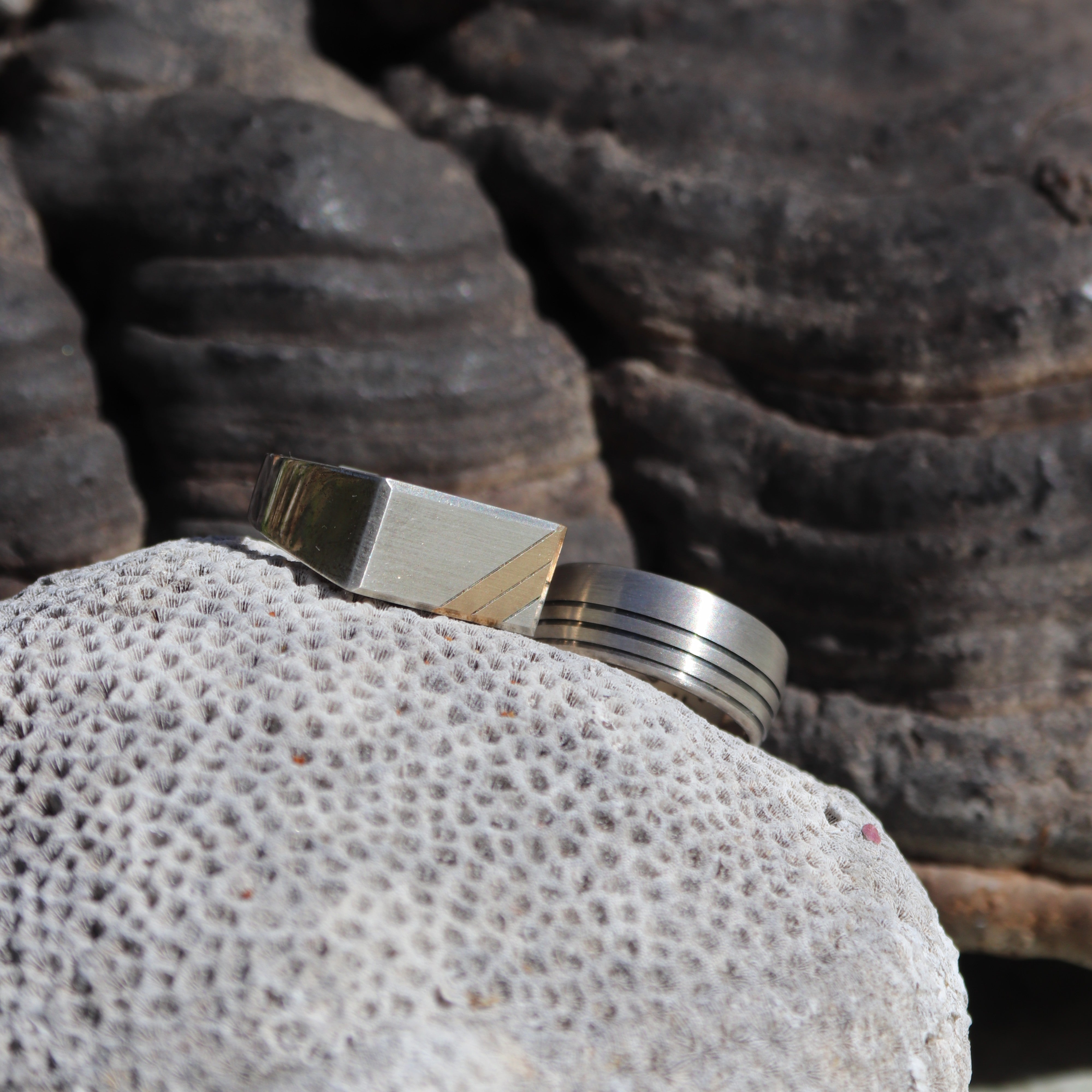 Twee heren ringen zichtbaar. Eén heren ring is van zilver met goud en de tweede is zilver geoxideerd. Ontdek alle heren ringen bij Clary.