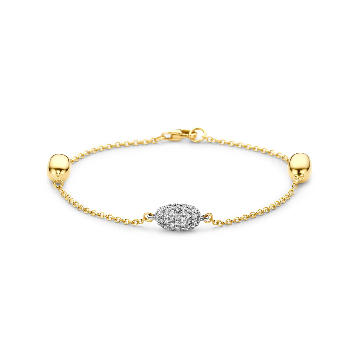 Vooraanzicht van de bicolor gouden armband met diamant van 14 karaat.