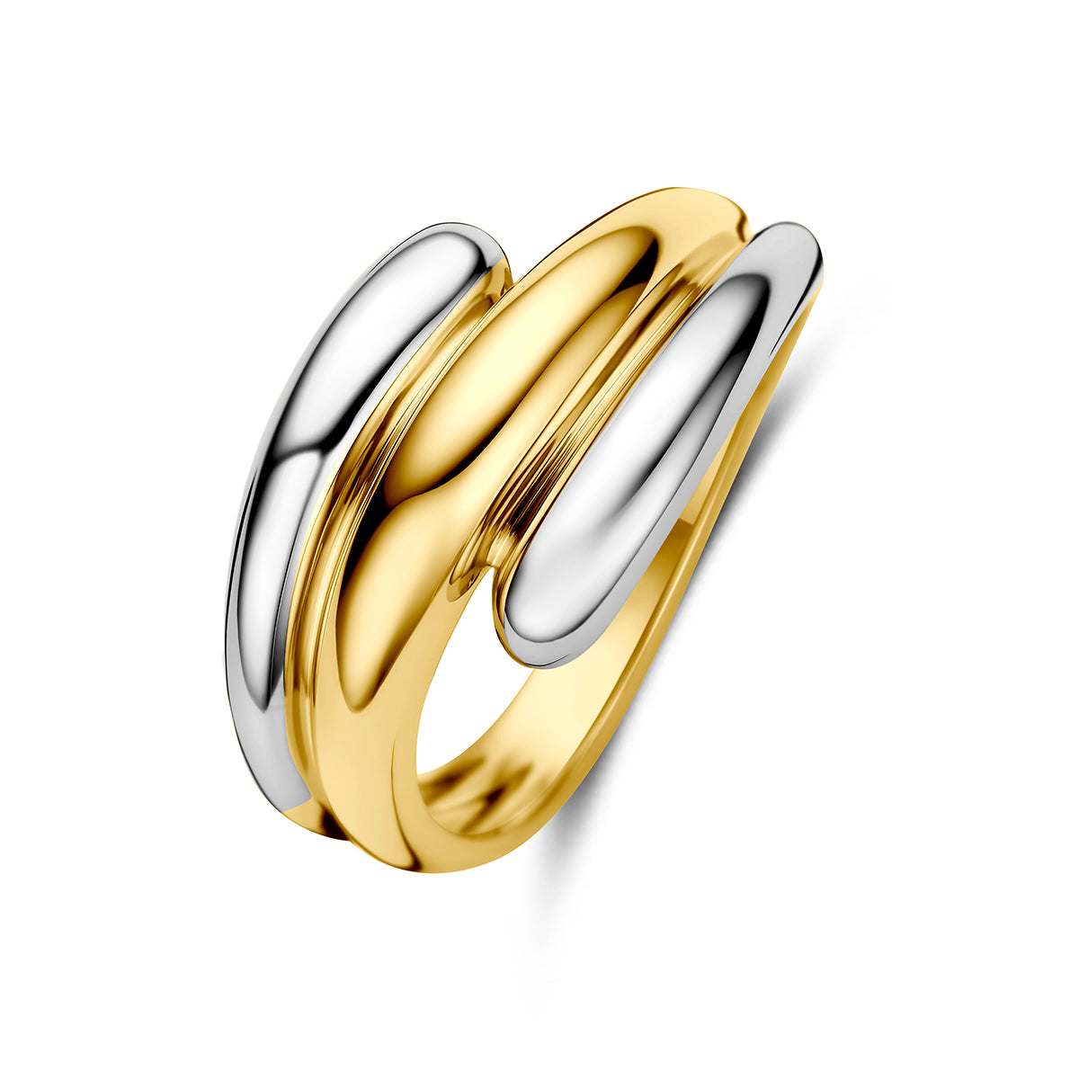 Schuin bovenaanzicht van de bicolor gouden brede ring van 14 karaat.