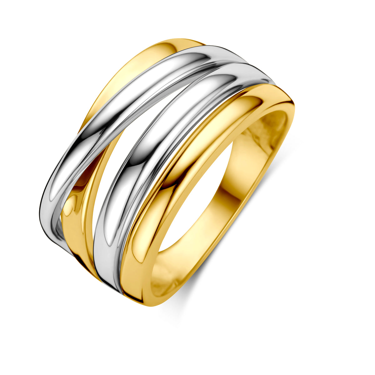 Schuin bovenaanzicht van de bicolor gouden brede ring van 14 karaat.
