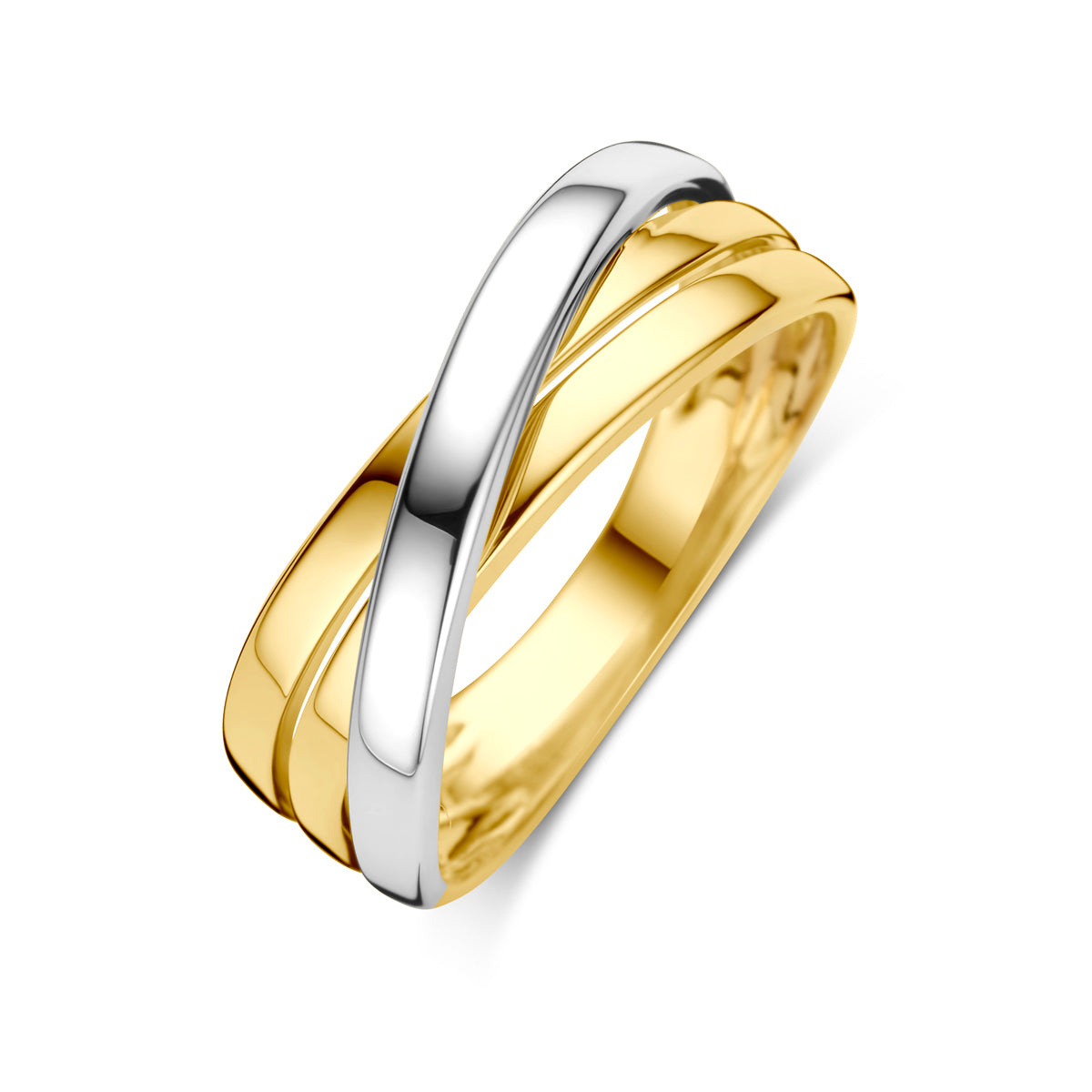 Schuin bovenaanzicht van de bicolor gouden brede ring van 14 karaat.