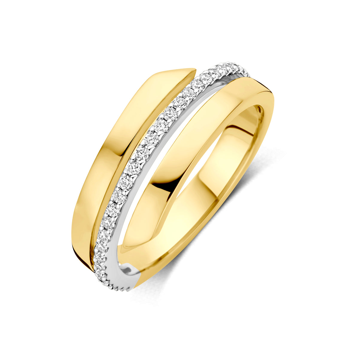 Schuin bovenaanzicht van de bicolor gouden brede ring met diamant van 14 karaat.