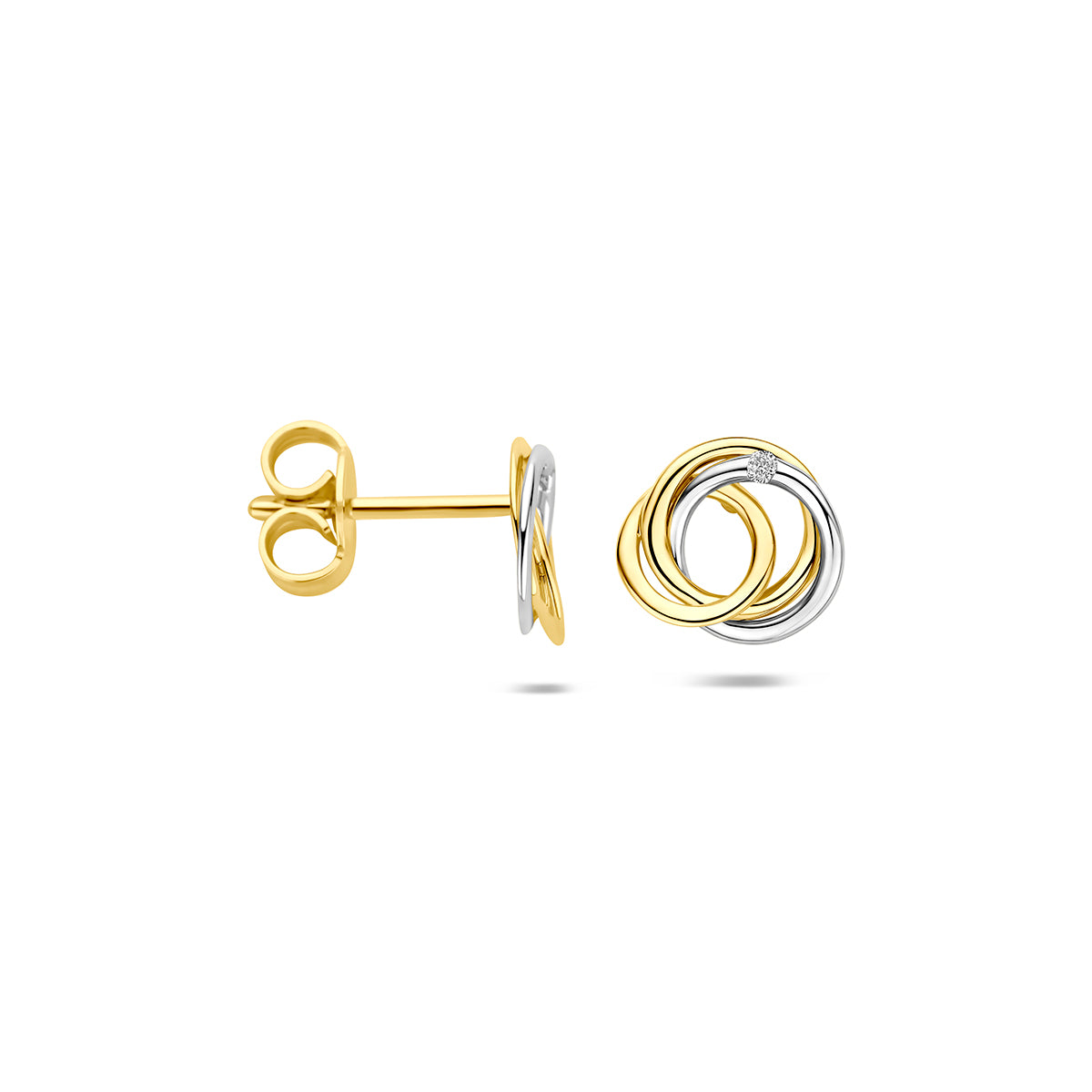 Voor- en zijaanzicht van de bicolor gouden cirkel oorknopjes met diamant van 14 karaat.