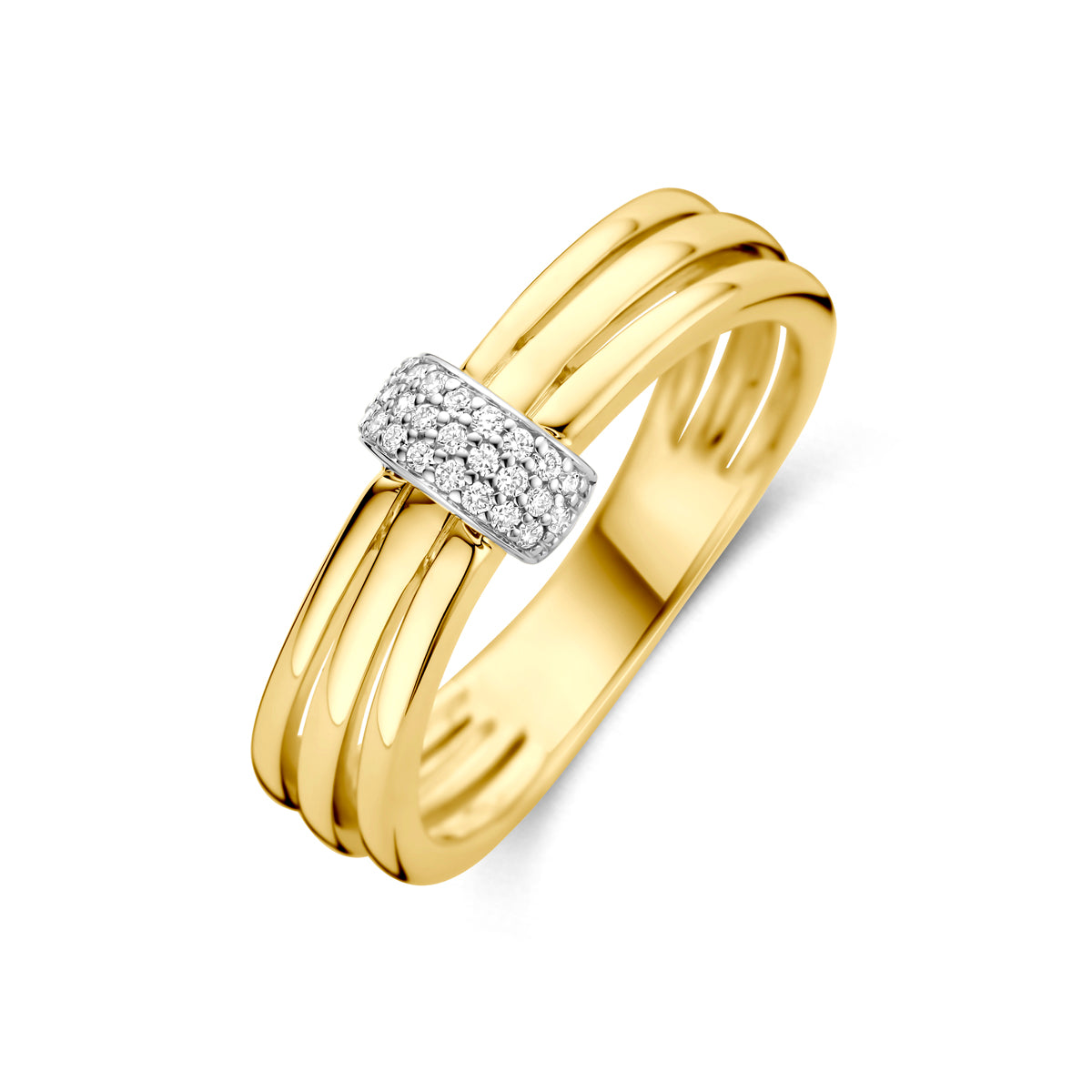 Schuin bovenaanzicht van de bicolor gouden ring met diamant van 14 karaat.