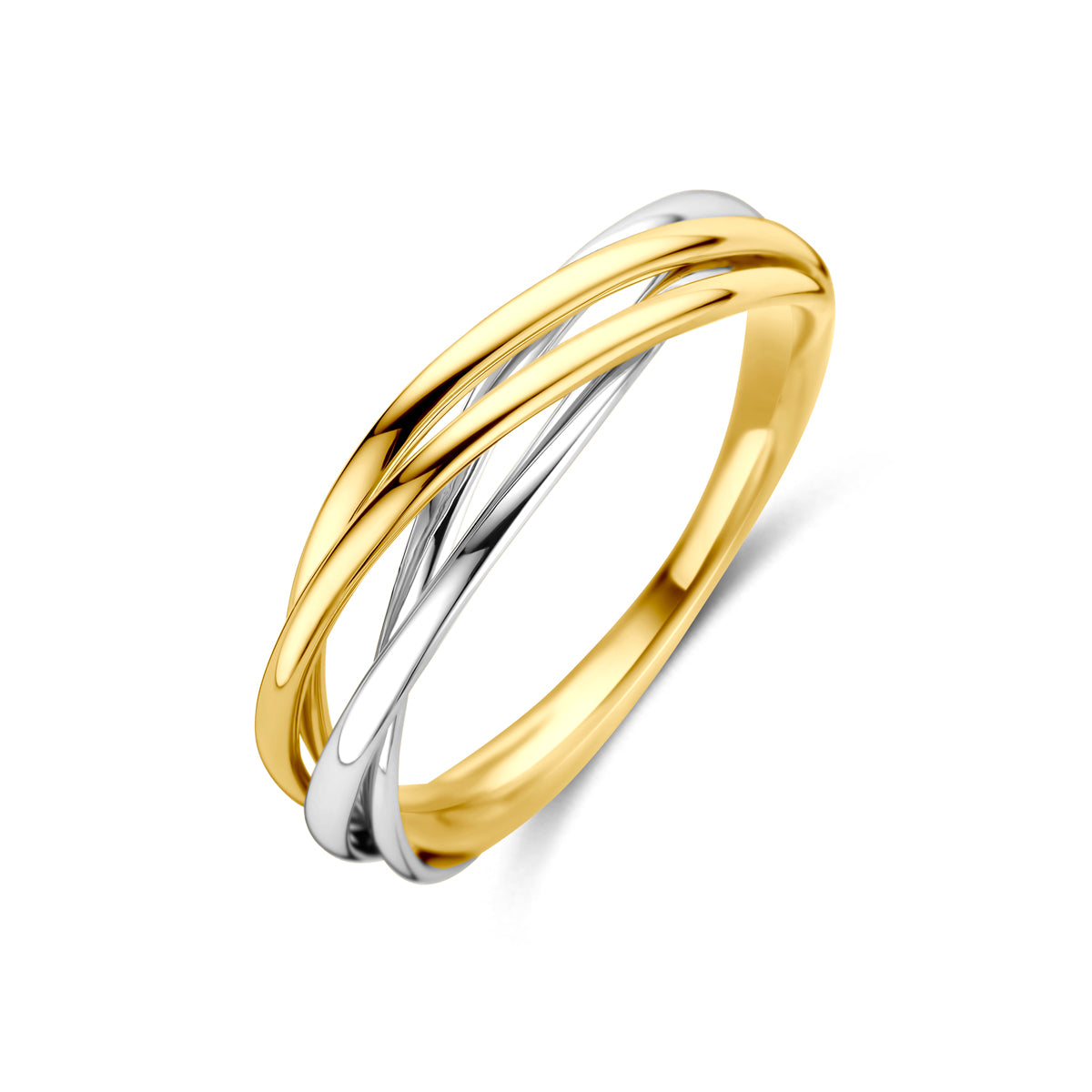 Schuin bovenaanzicht van de bicolor gouden gedraaide ring van 14 karaat.