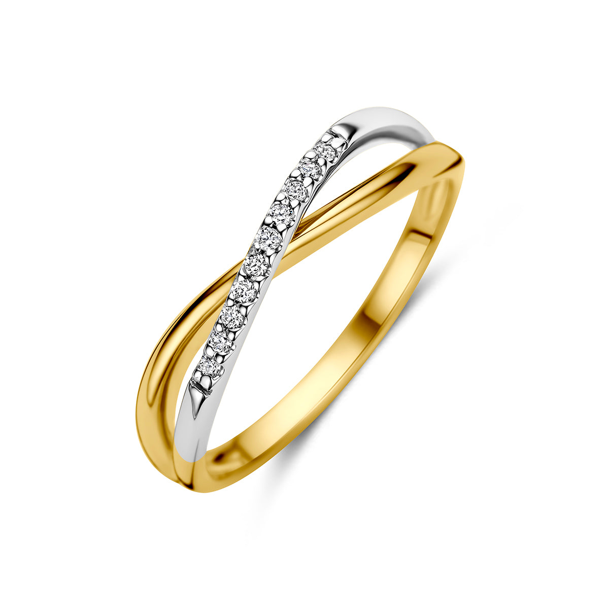 Schuin bovenaanzicht van de bicolor gouden gekruiste ring met diamant van 14 karaat.