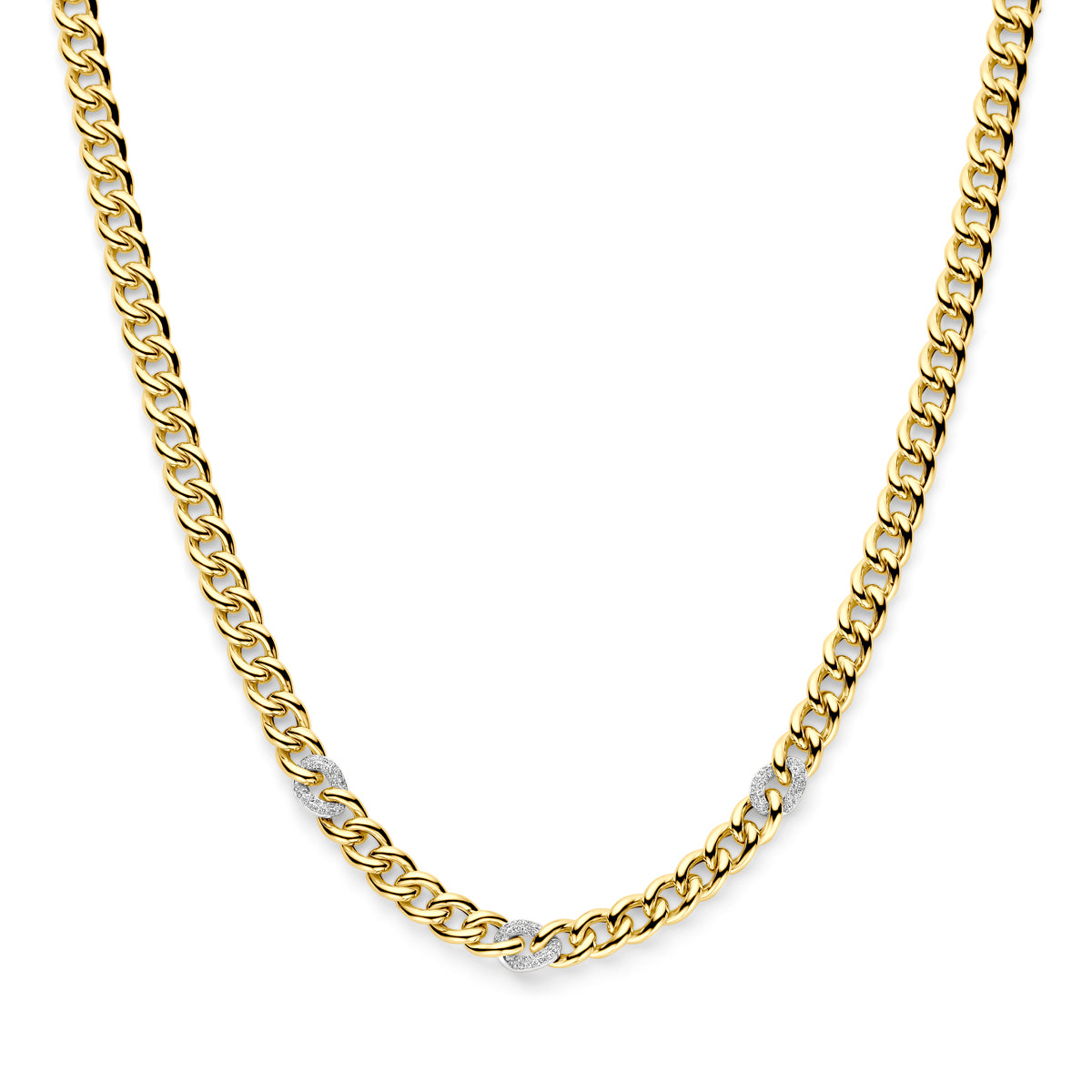 Vooraanzicht van de bicolor gouden gourmet halsketting met diamant van 14 karaat.