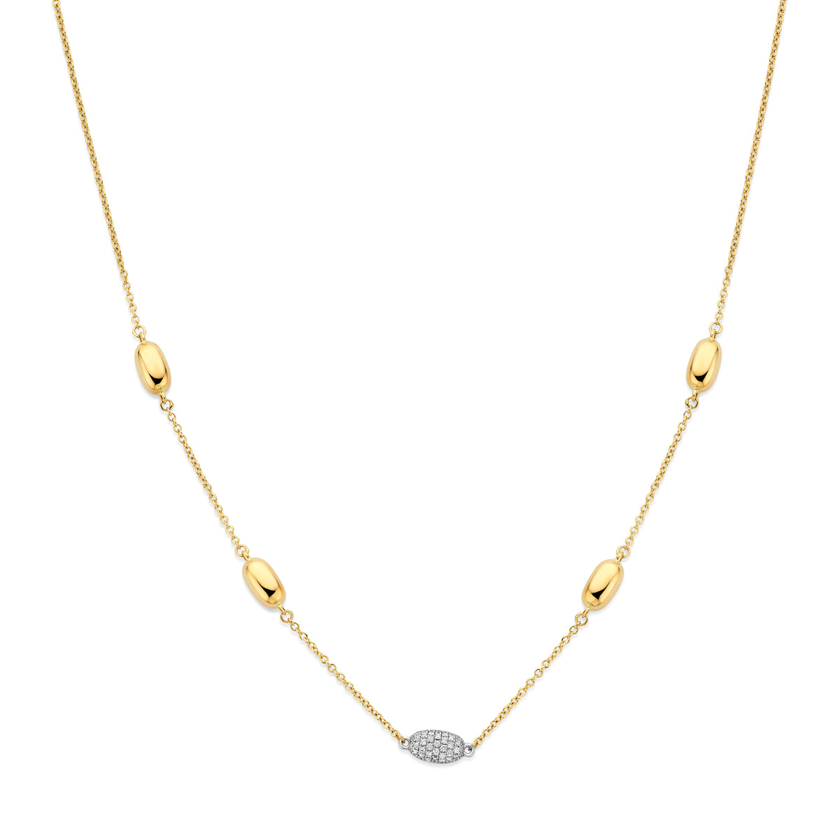 Vooraanzicht van de bicolor gouden halsketting met diamant van 14 karaat.