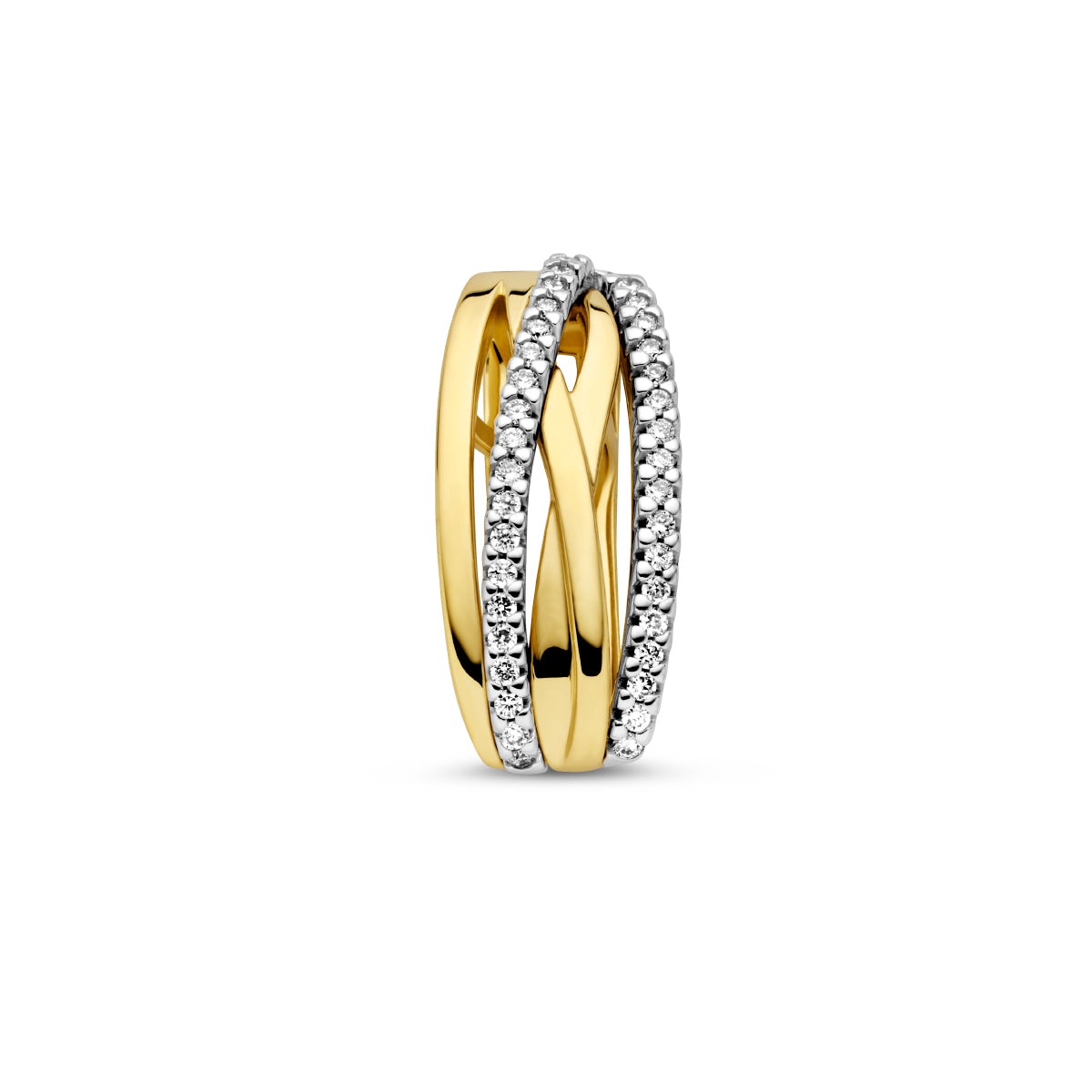 Vooraanzicht van de bicolor gouden hanger met diamant van 14 karaat.