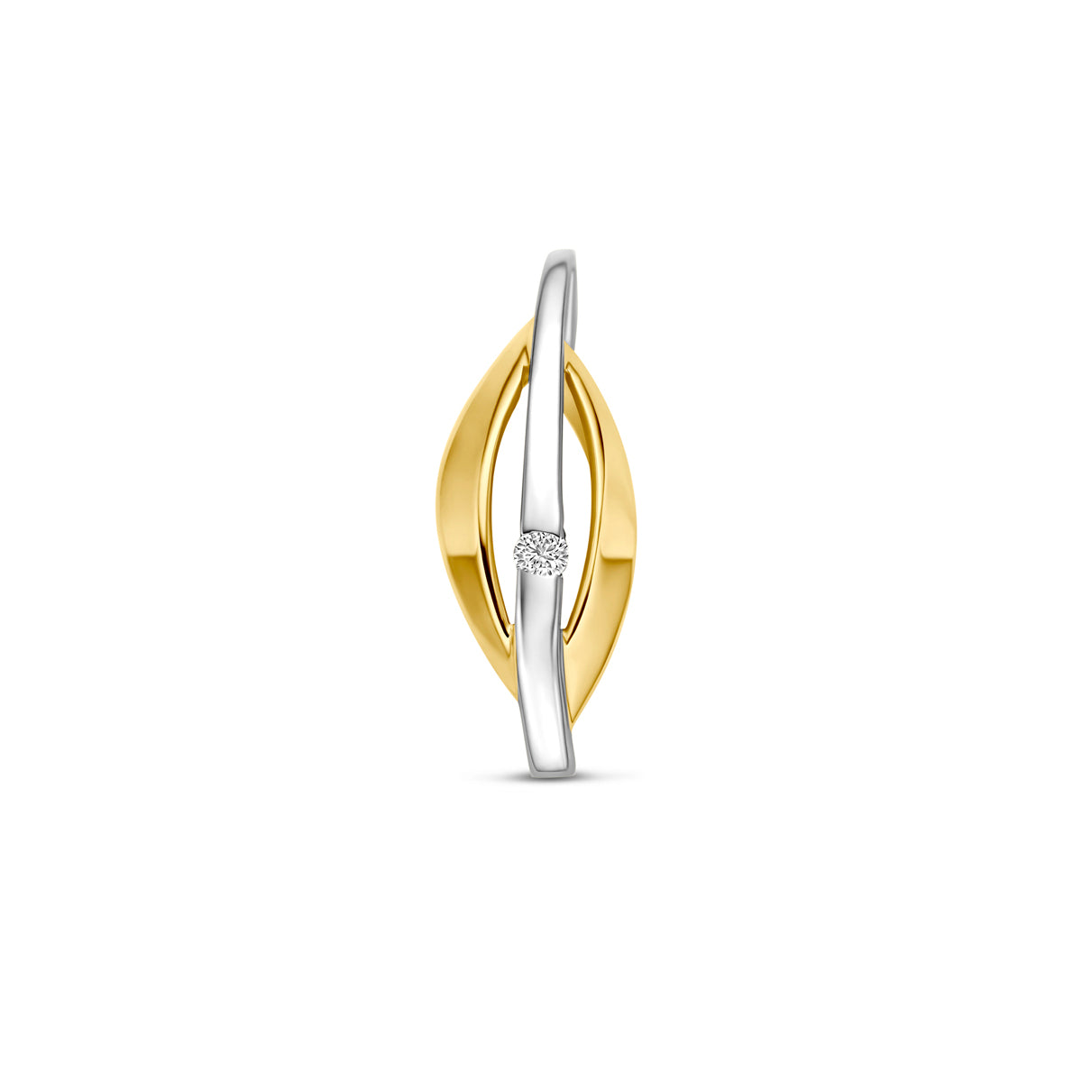 Vooraanzicht van de bicolor gouden hanger met lab grown diamant van 14 karaat.