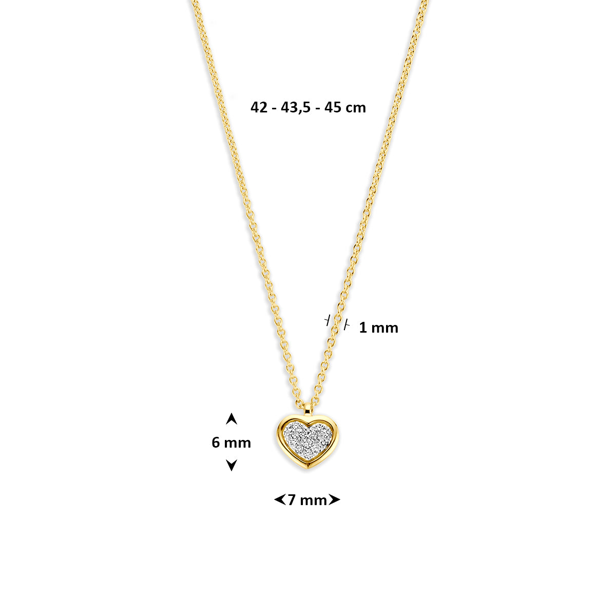 Gouden ketting met diamant: afmetingen van de 14 karaat bicolor gouden hartjesketting met diamant 0,05 ct, hanger van 6,0 mm en lengte 42 - 43,5 - 45 cm (verstelbaar).