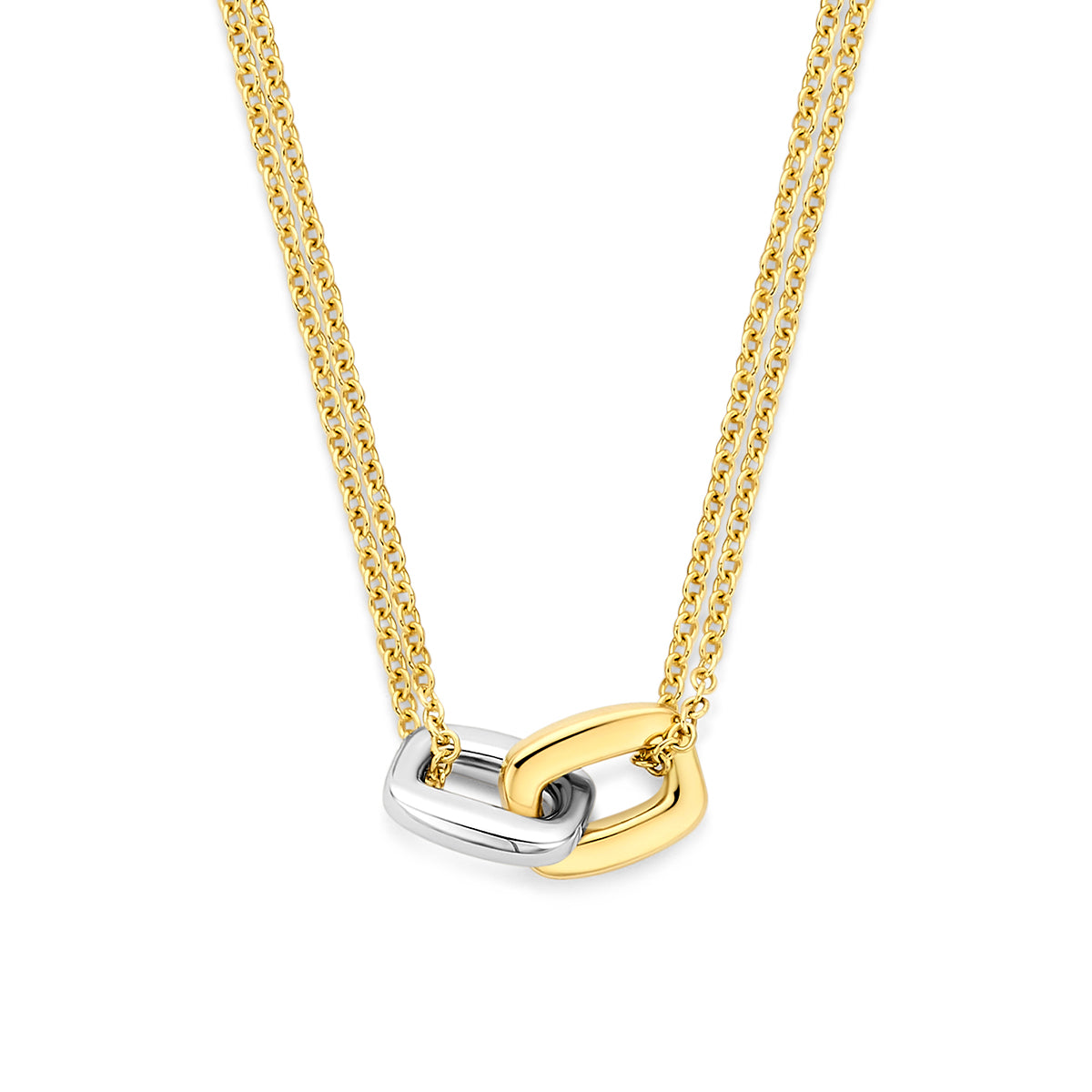 Vooraanzicht van de 14 karaat bicolor gouden ketting met rechthoeken, 10 mm hoog en 20 mm breed.