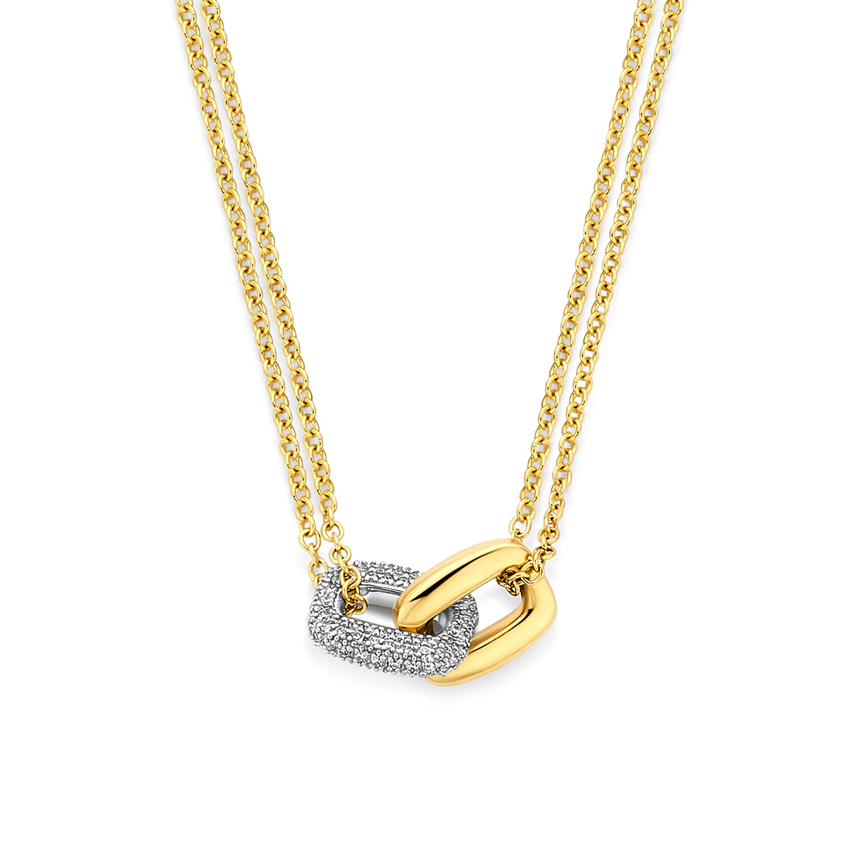 Vooraanzicht van de bicolor gouden ketting met rechthoekjes en diamant van 14 karaat.
