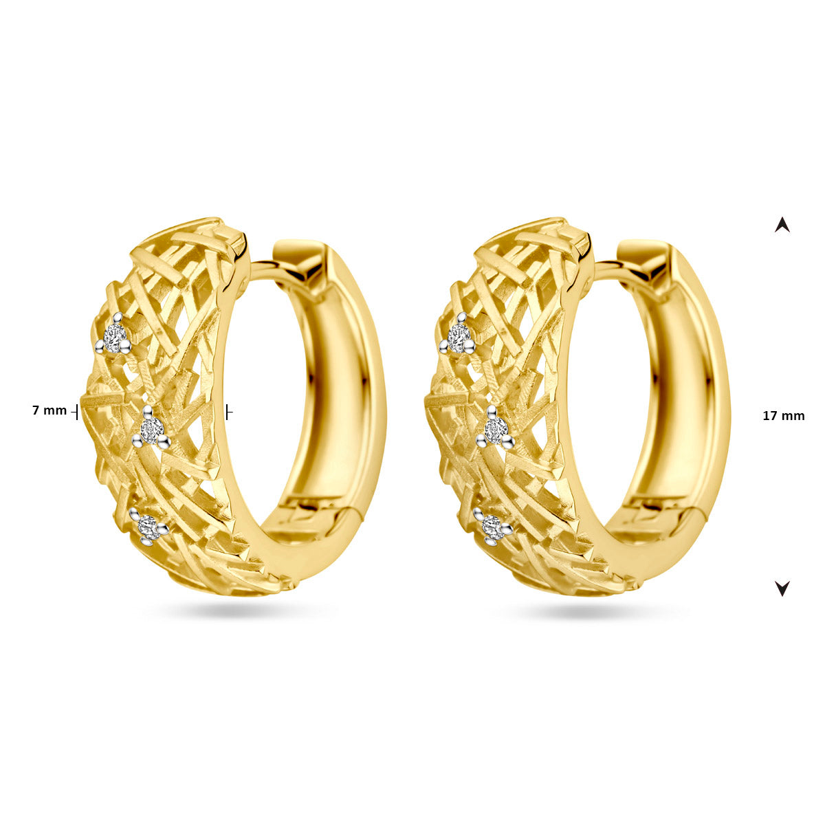 Afmetingen van de bicolor gouden opengewerkte klapoorringen met diamant van 14 karaat: 17 mm hoog en 7 mm breed.