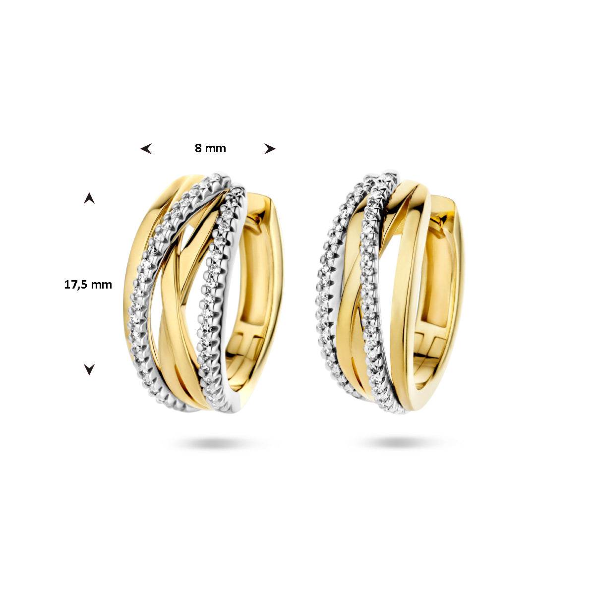 Afmetingen van de bicolor gouden klapoorringen met diamant van 14 karaat: 17,5 mm hoog en 8 mm breed.
