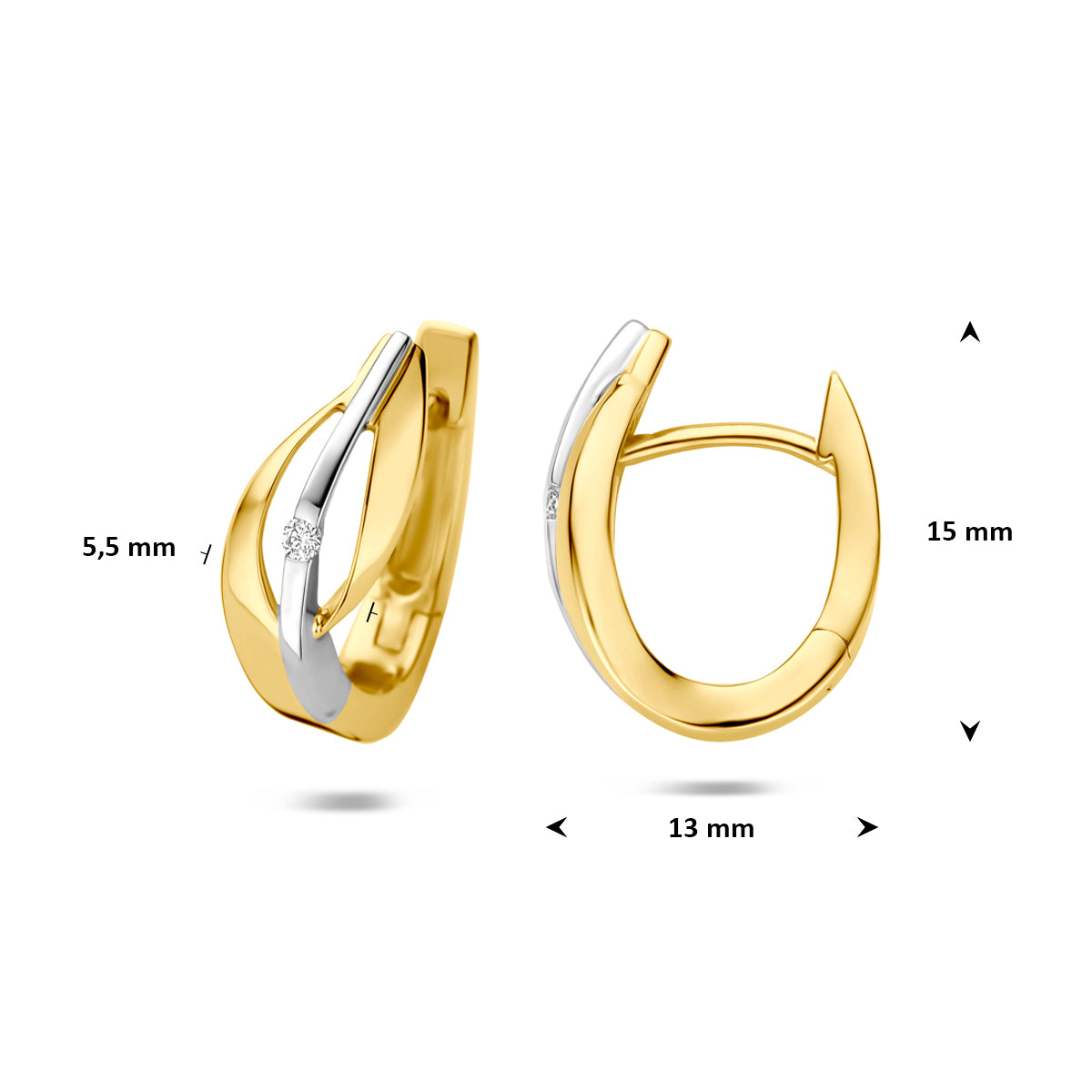 Afmetingen van de bicolor gouden klapoorringen met lab grown diamant van 14 karaat: 15 mm doorsnee en 5,5 mm dik.