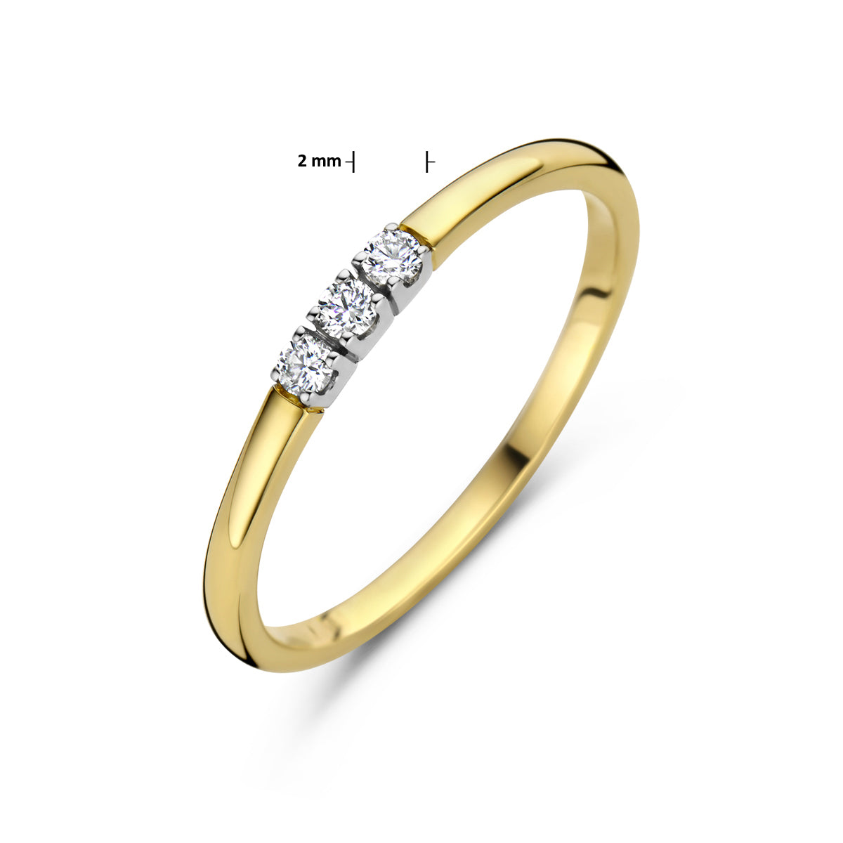 Afmetingen van de bicolor gouden memoire ring met diamant van 14 karaat: 2 mm breed, 0,09 ct.